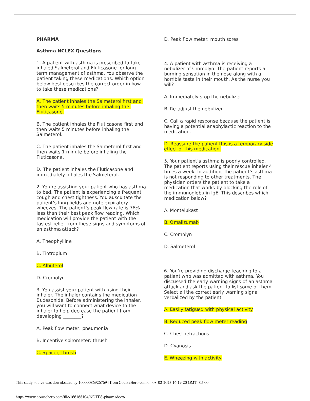 Asthma NCLEX Questions PHARMA