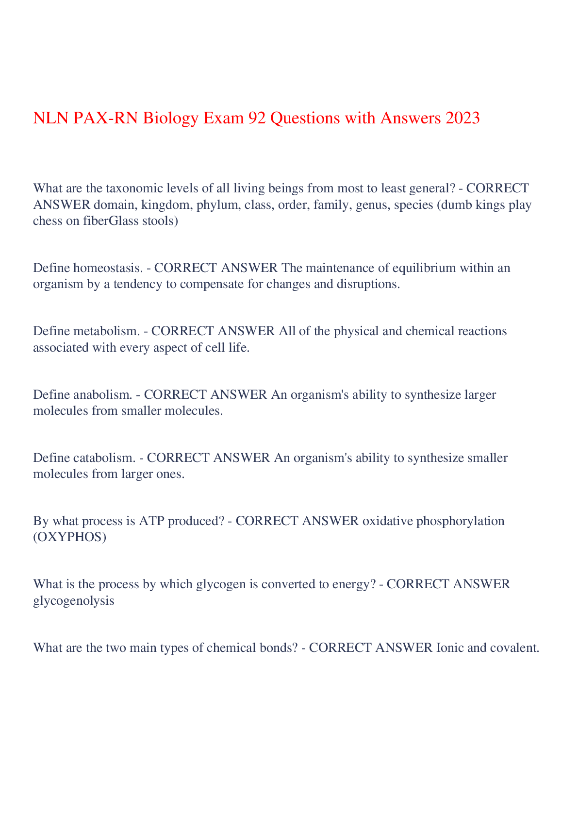 Preview of NLN PAX-RN Biology Exam 92 Questions with Answers 2023,100% CORRECT
