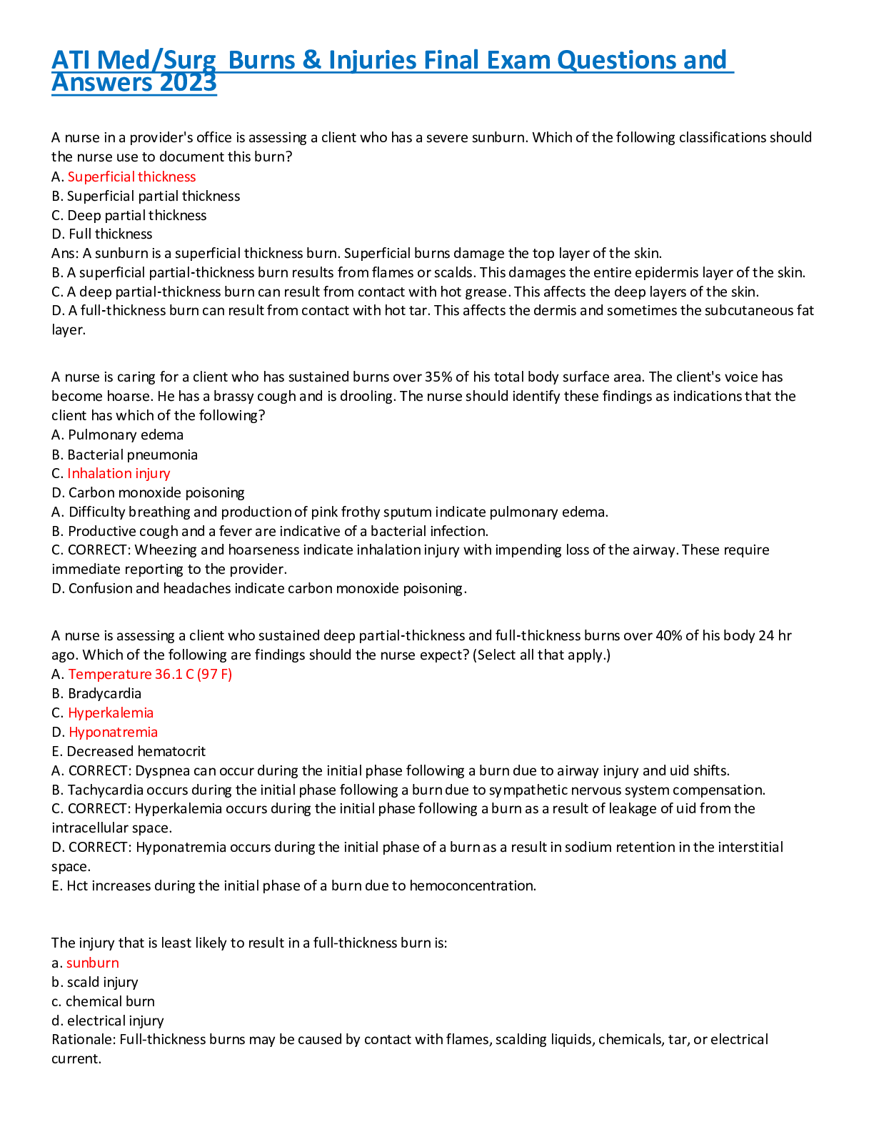 Preview image for ATI Med/Surg Burns & Injuries Final Exam Questions and Answers 2023