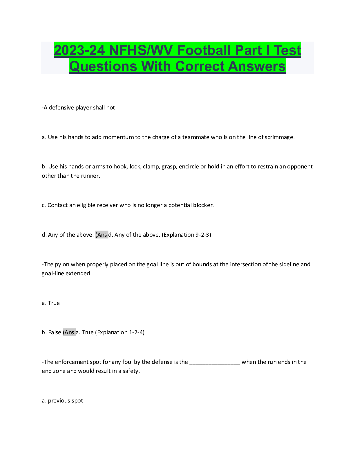 2023-24 NFHS/WV Football Part I Test Questions With Correct Answers