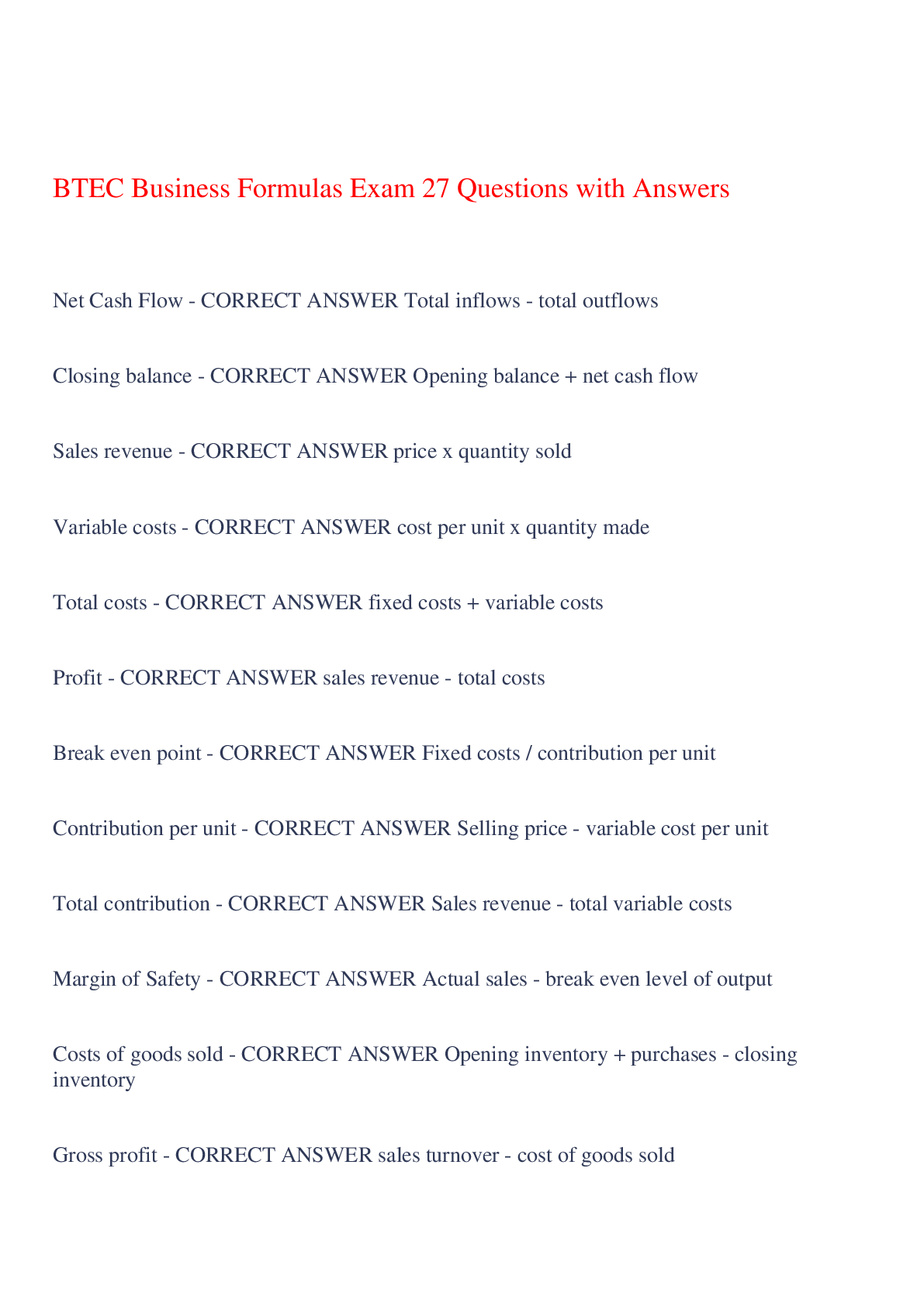 Preview image of BTEC Business Formulas Exam 27 Questions with Answers,100% CORRECT document
