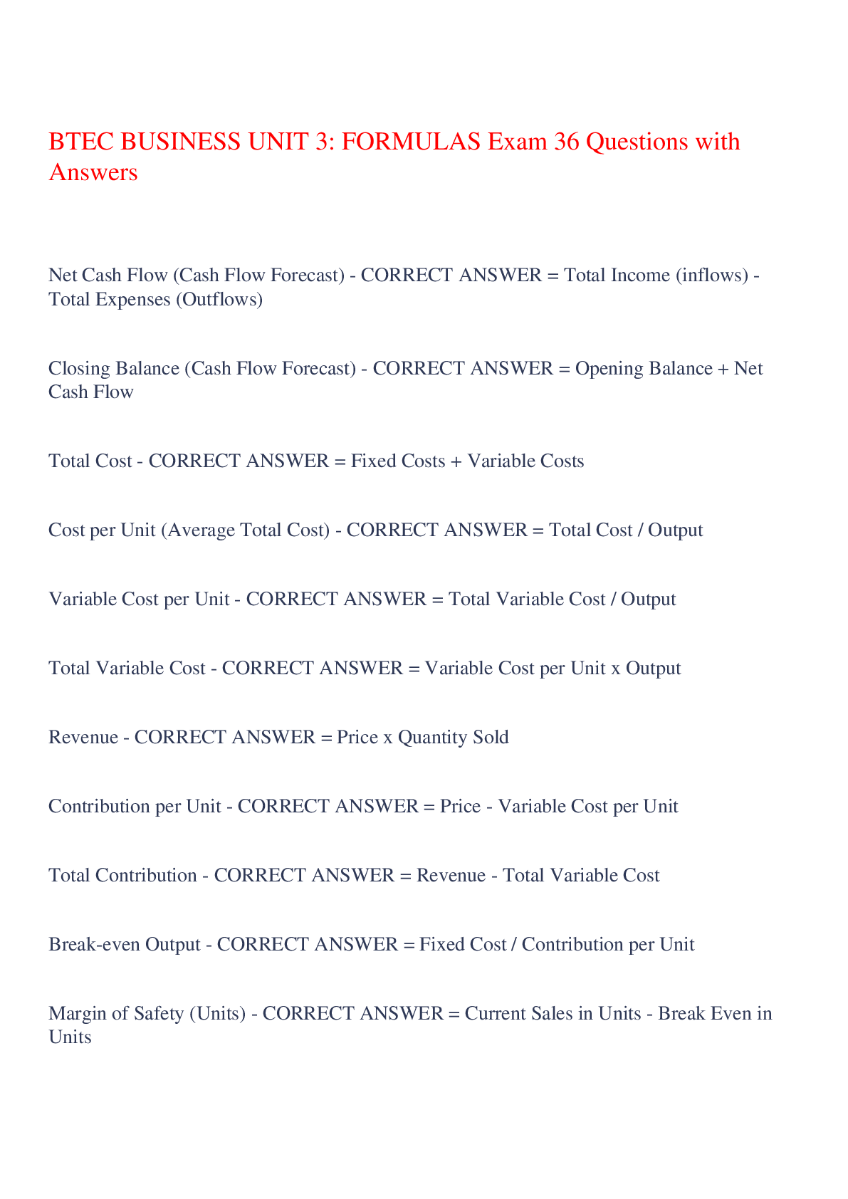 Preview of BTEC BUSINESS UNIT 3: FORMULAS Exam 36 Questions with Answers,100% CORRECT