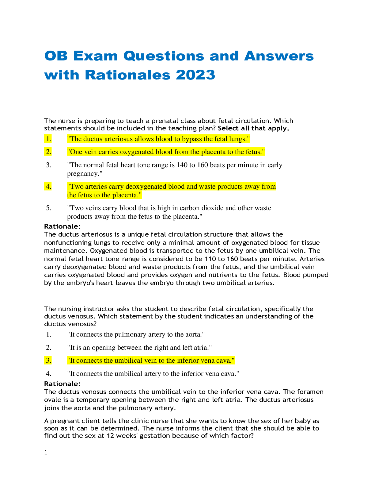 OB Exam Questions and Answers with Rationales 2023