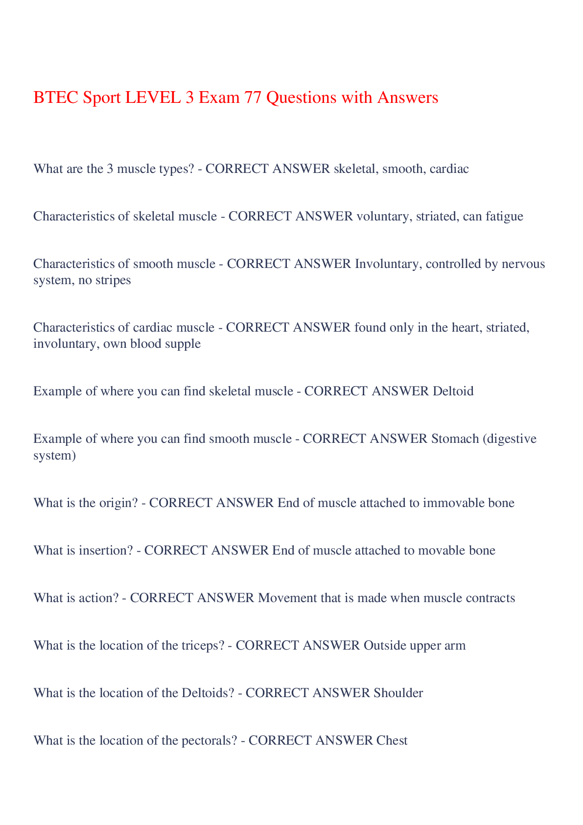 Preview of BTEC Sport LEVEL 3 Exam 77 Questions with Answers,100% CORRECT
