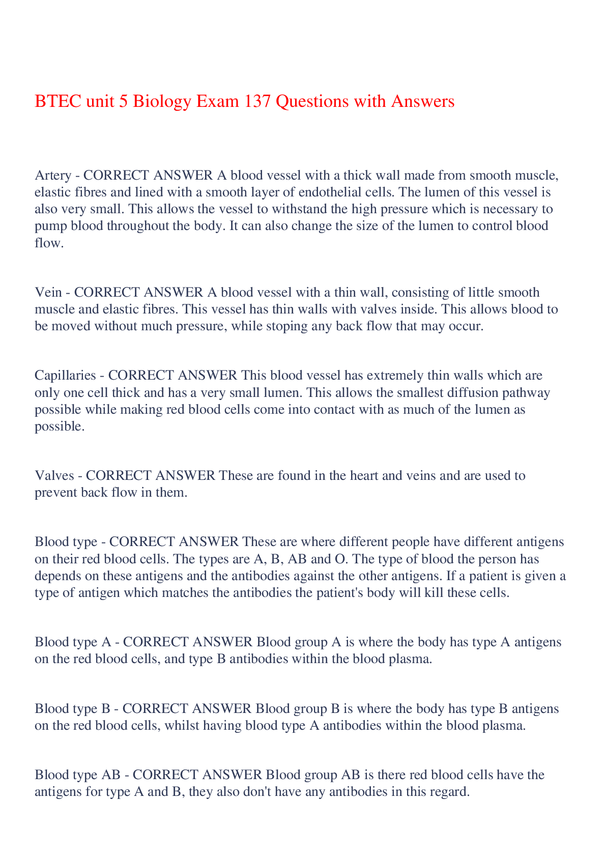 Preview image of BTEC unit 5 Biology Exam 137 Questions with Answers,100% CORRECT document
