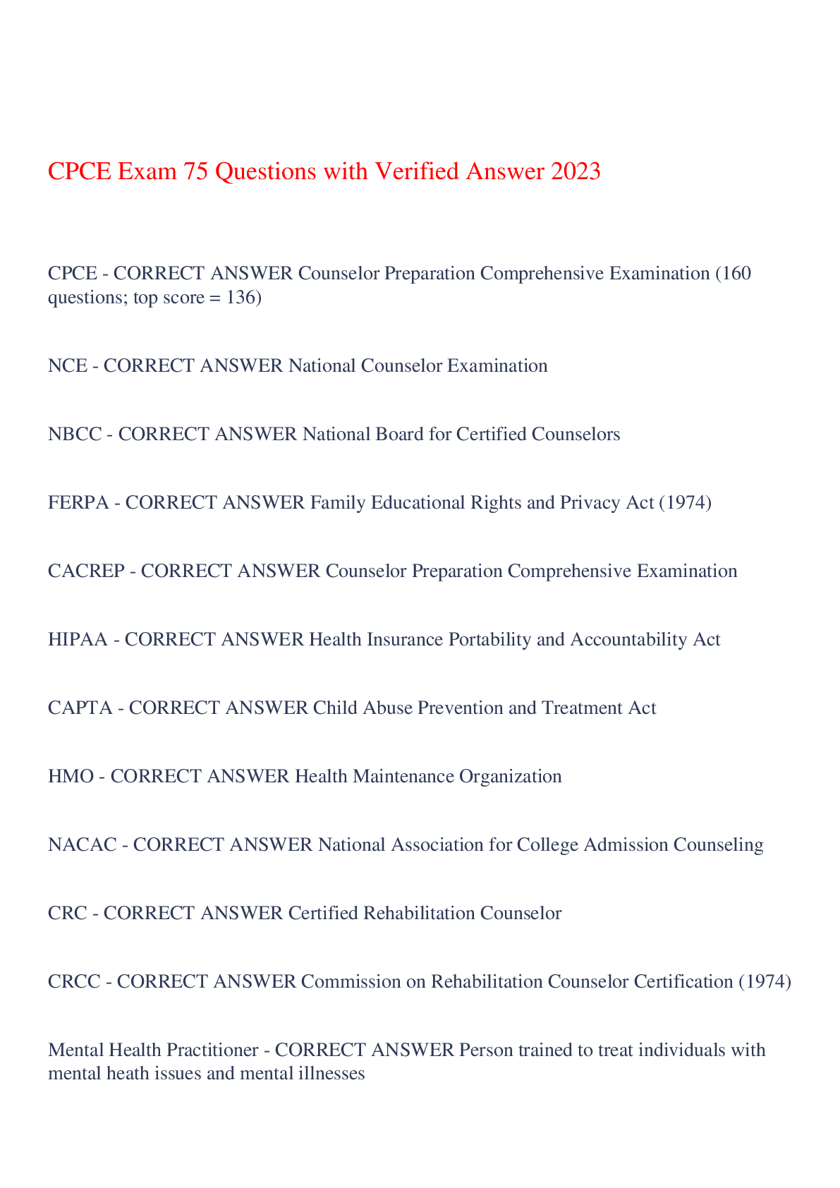 Preview of CPCE Exam 75 Questions with Verified Answer 2023,100% CORRECT