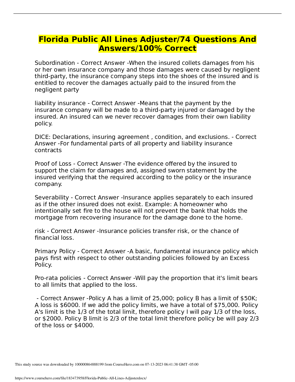 Preview of Florida Public All Lines Adjuster74 Questions AndAnswers100% Correct