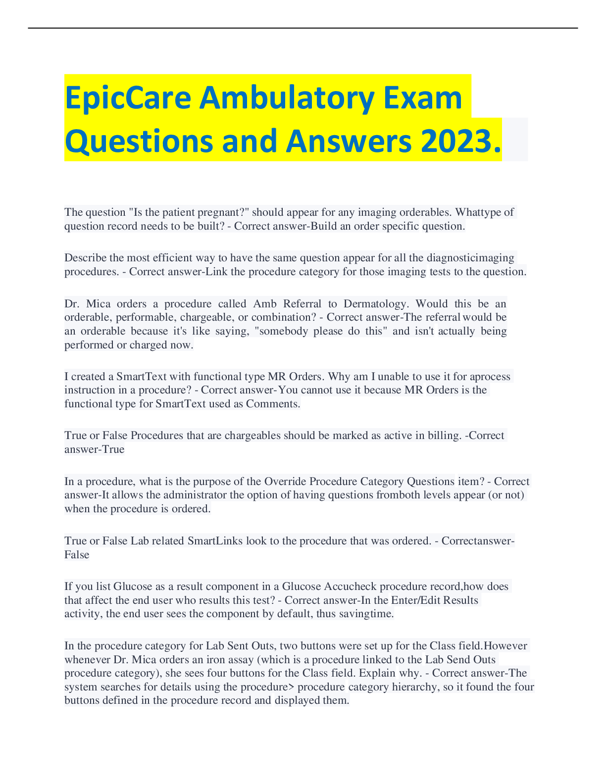 Preview image for EpicCare Ambulatory Exam Questions and Answers 2023.