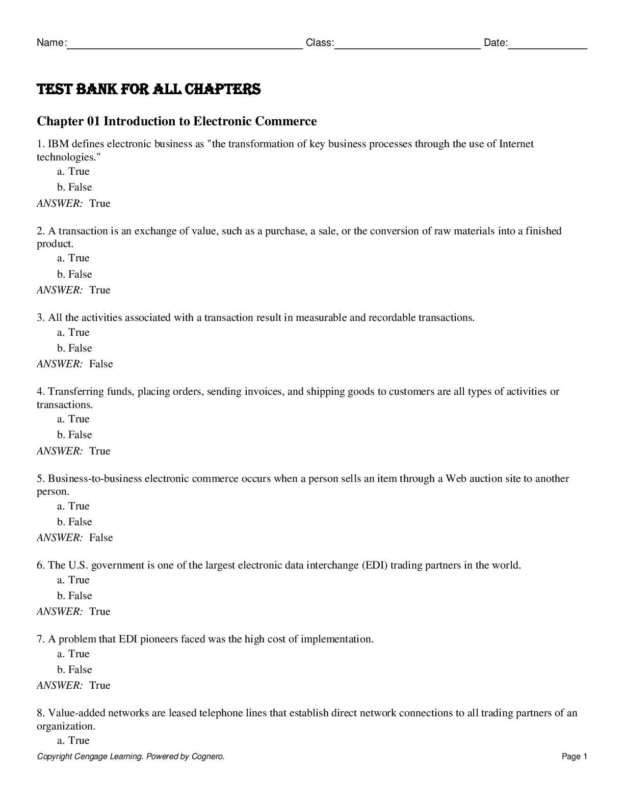Test Bank for Electronic Commerce 12th Edition by Gary Schneider
