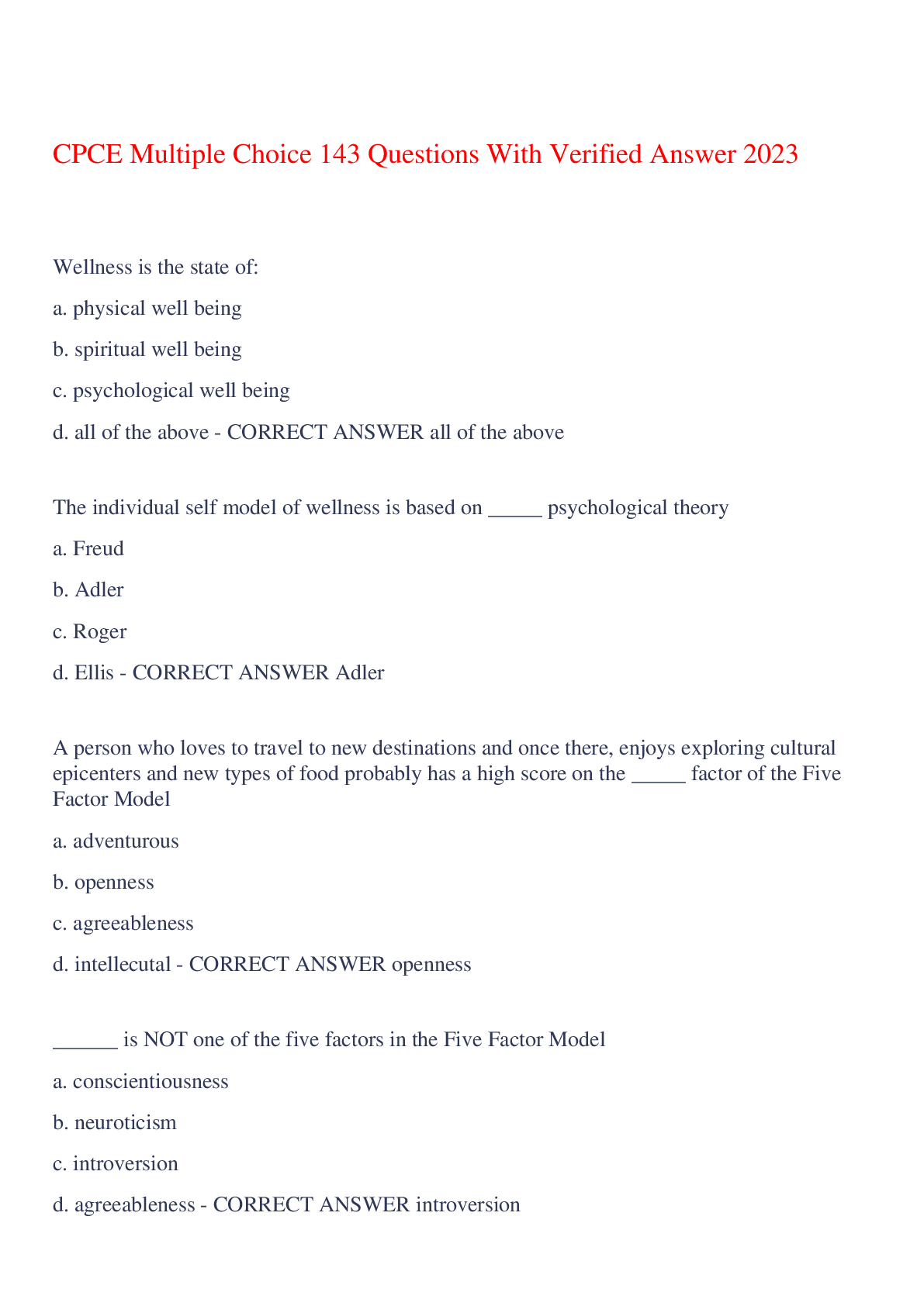 Preview of CPCE Multiple Choice 143 Questions With Verified Answer 2023,100% CORRECT