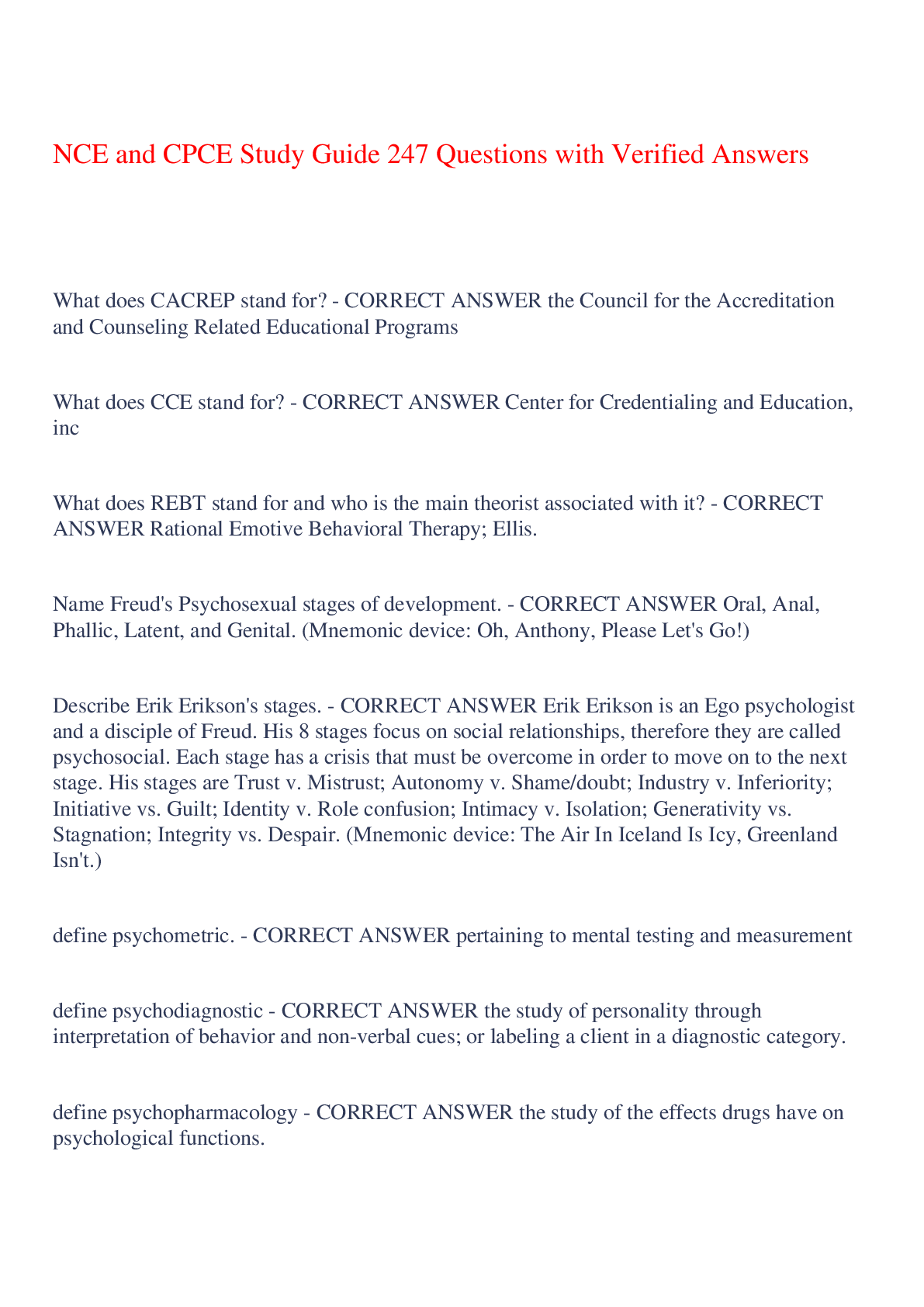 Recommended document preview for NCE and CPCE Study Guide 247 Questions with Verified Answers ,100% CORRECT