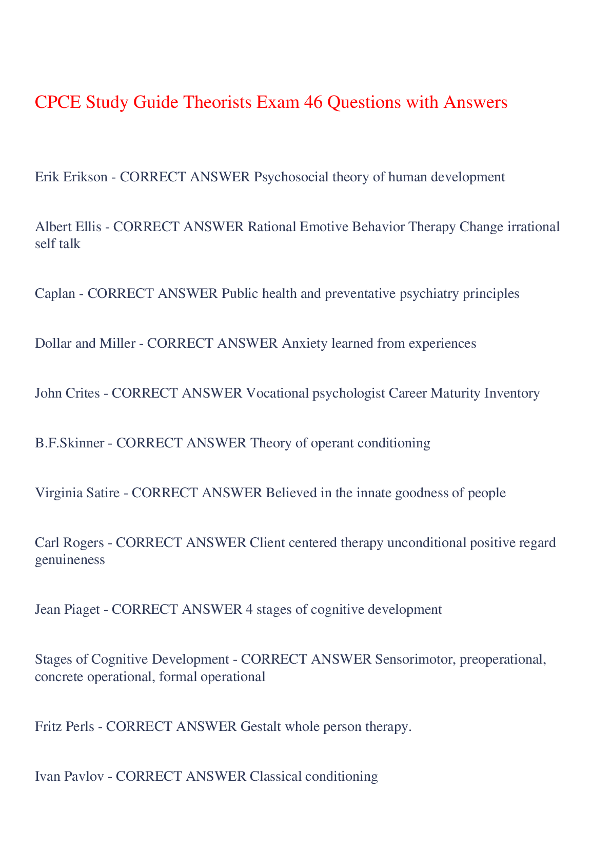 Recommended document preview for CPCE Study Guide Theorists Exam 46 Questions with Answers,100% CORRECT