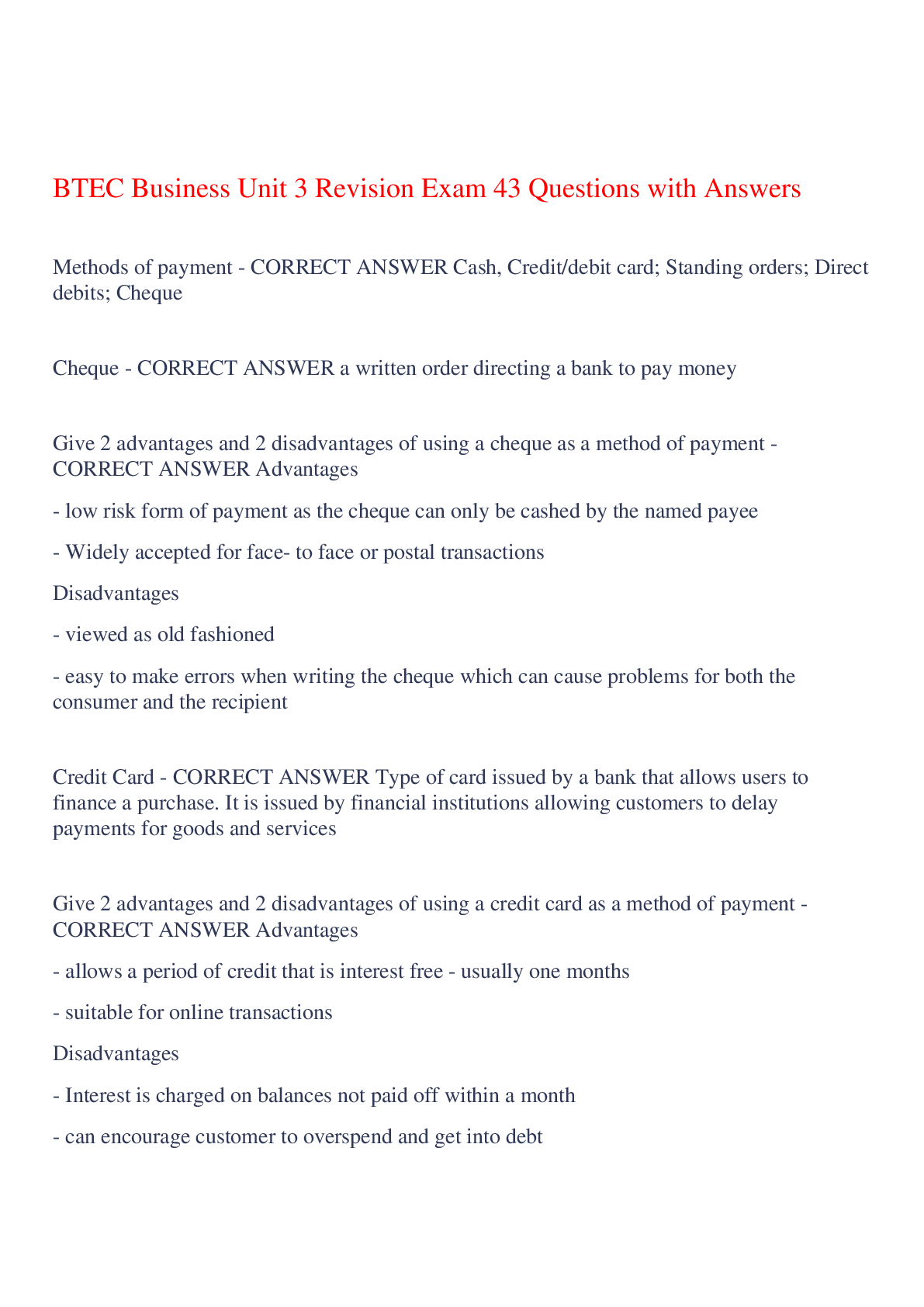 Preview image of BTEC Business Unit 3 Revision Exam 43 Questions with Answers,100% CORRECT document
