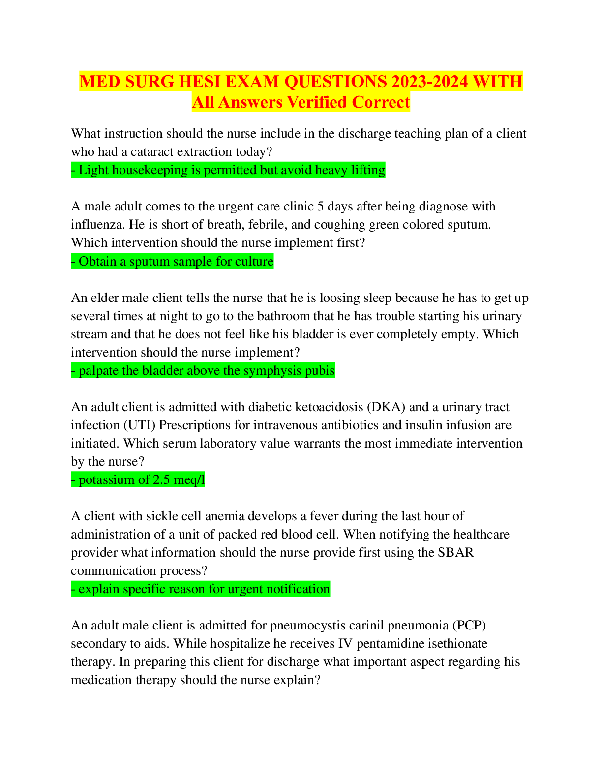 MED SURG HESI EXAM QUESTIONS 2023-2024 WITH All Answers Verified Correct