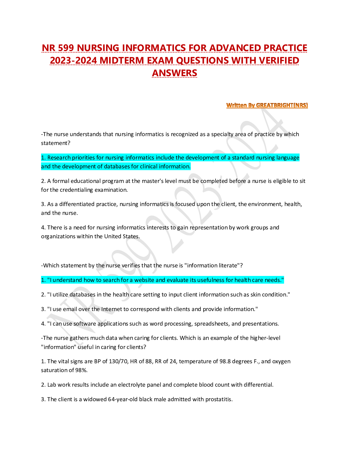 NR 599 NURSING INFORMATICS FOR ADVANCED PRACTICE 2023-2024 MIDTERM EXAM QUESTIONS WITH VERIFIED ANSWERS