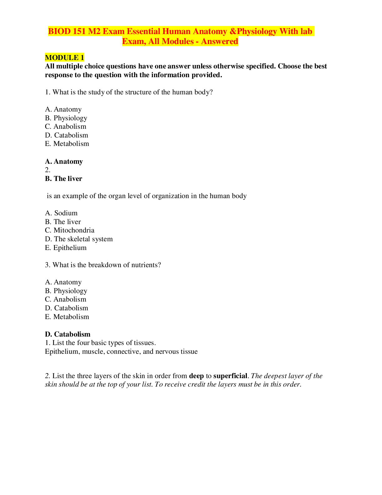 Preview image for BIOD 151 M2 Exam Essential Human Anatomy & Physiology With lab Exam, All Modules - Answered