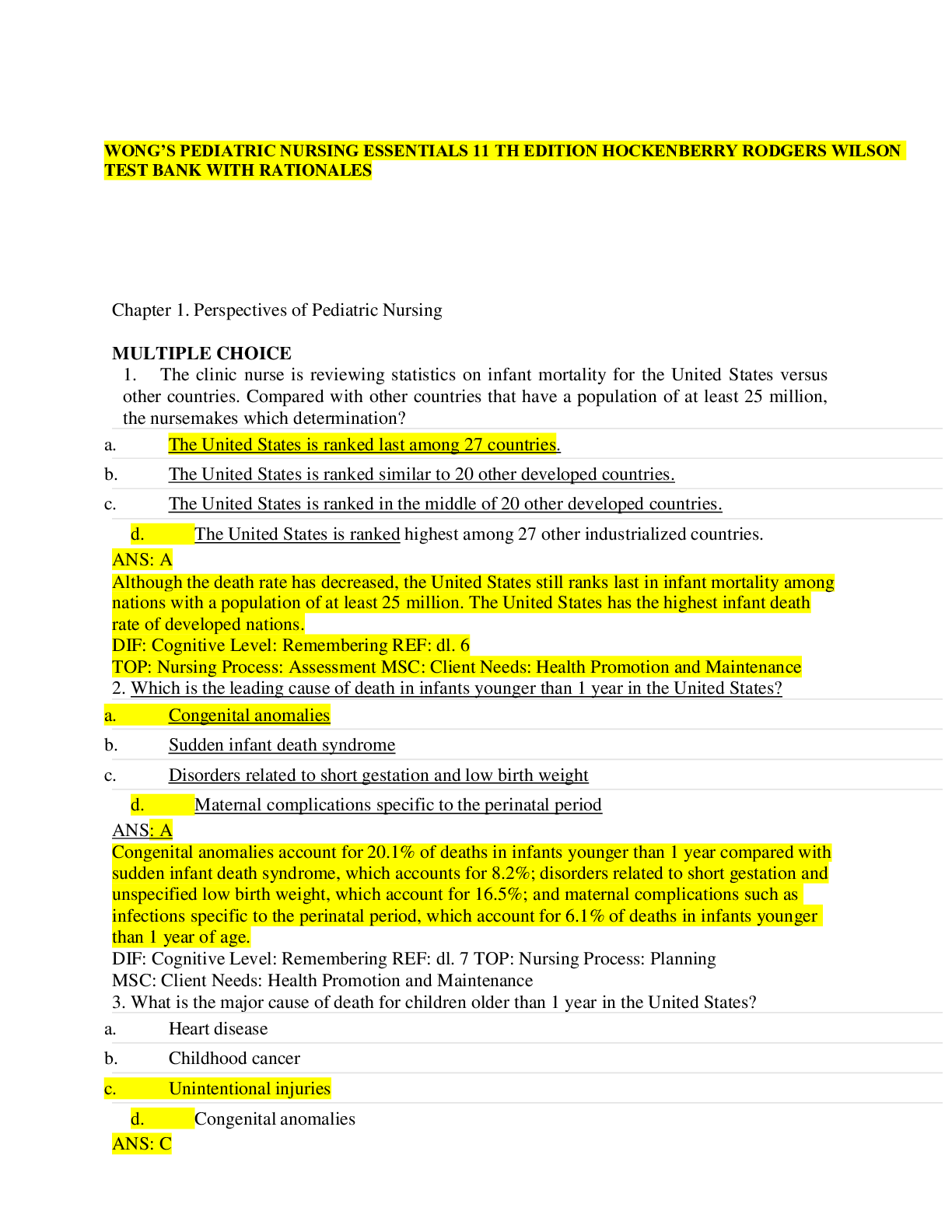 Preview image for WONG’S PEDIATRIC NURSING ESSENTIALS 11 TH EDITION HOCKENBERRY RODGERS WILSON TEST BANK WITH RATIONALES