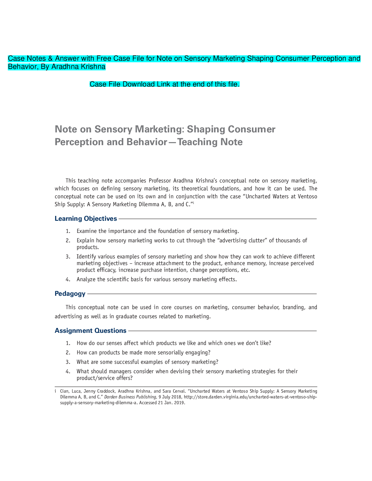 Preview image of Case Notes & Answer for Note on Sensory Marketing Shaping Consumer Perception and Behavior, By Aradhna Krishna document