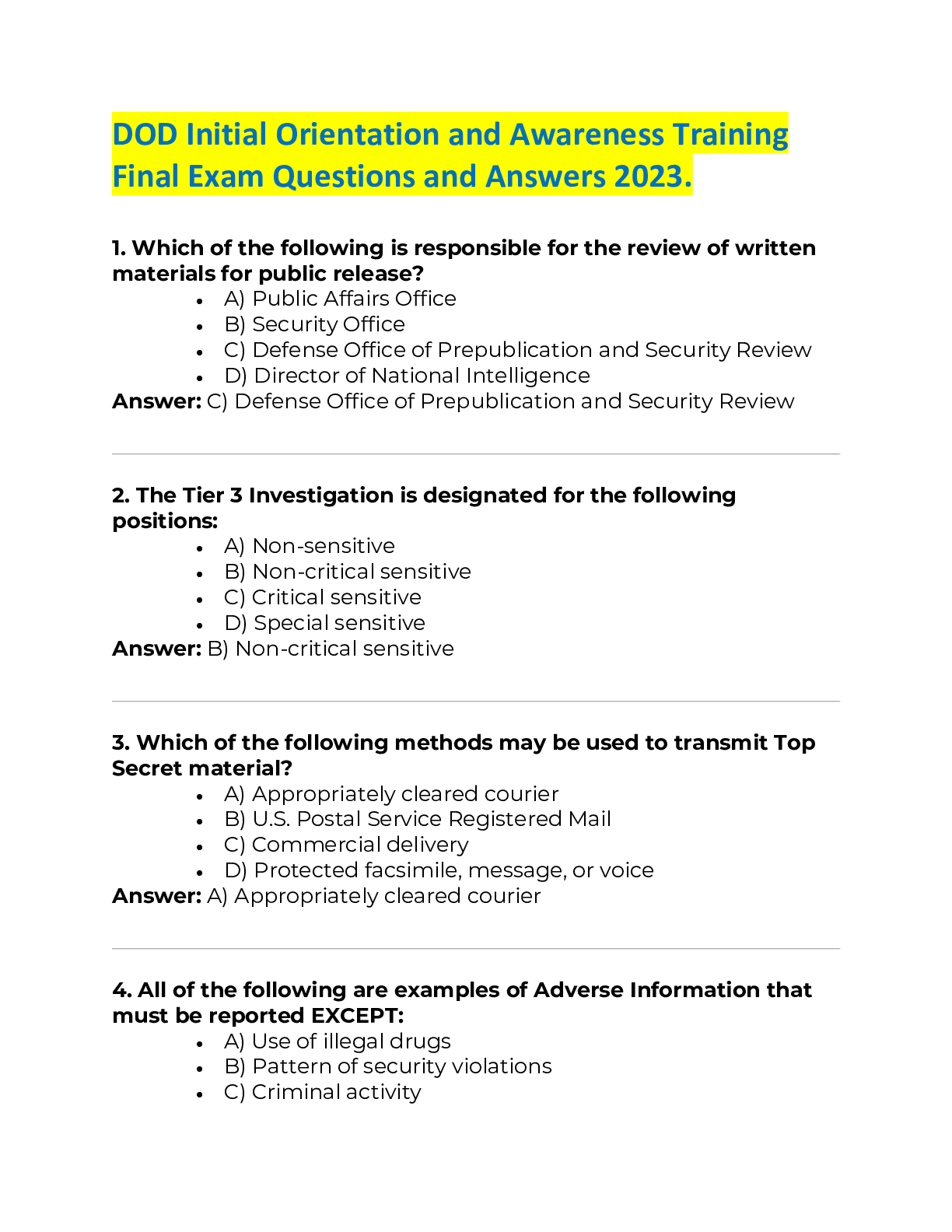 Preview image for DOD Initial Orientation and Awareness Training Final Exam Questions and Answers 2023.