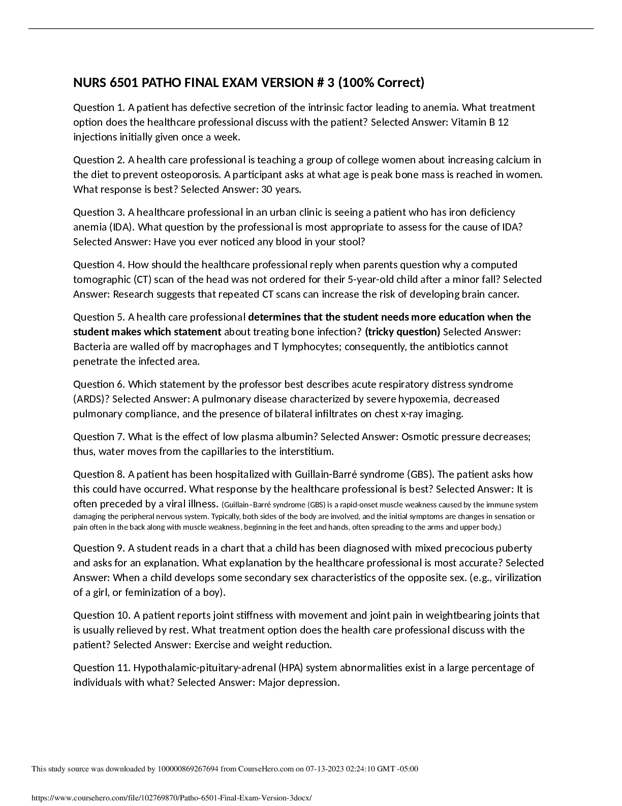 Preview image of Patho 6501 Final Exam Version #3 document