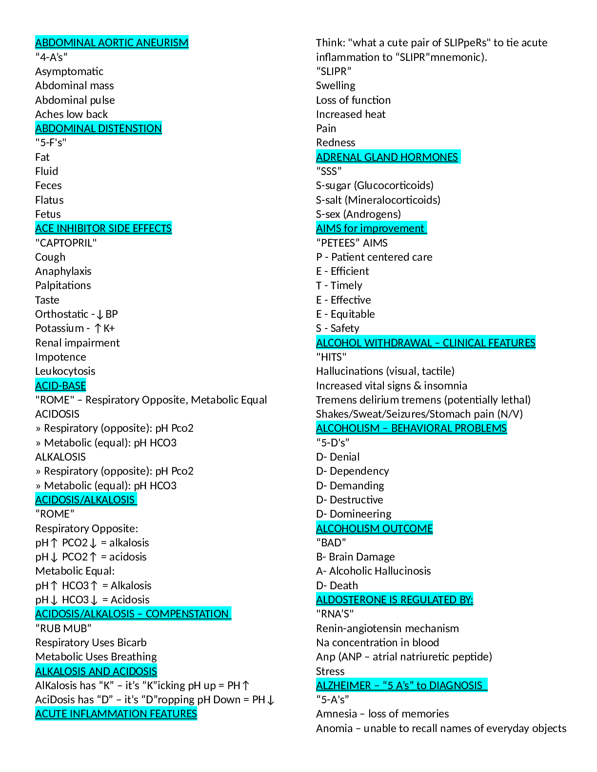Preview image of Registered Nursing Mnemonics Cheat Sheet document
