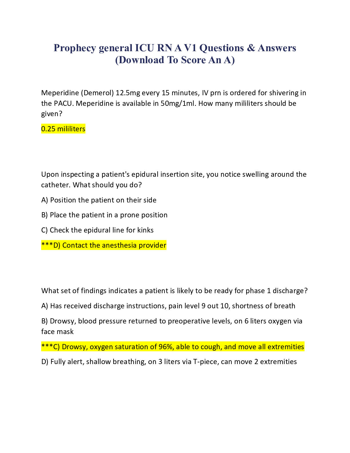 Preview of Prophecy general ICU RN A V1 Questions & Answers (Download To Score An A)
