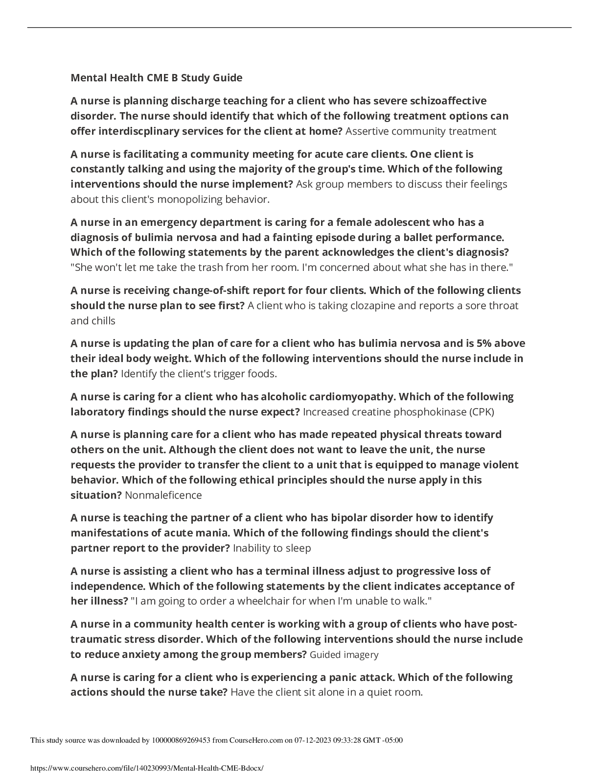 Preview image of Mental Health CME B Study Guide document