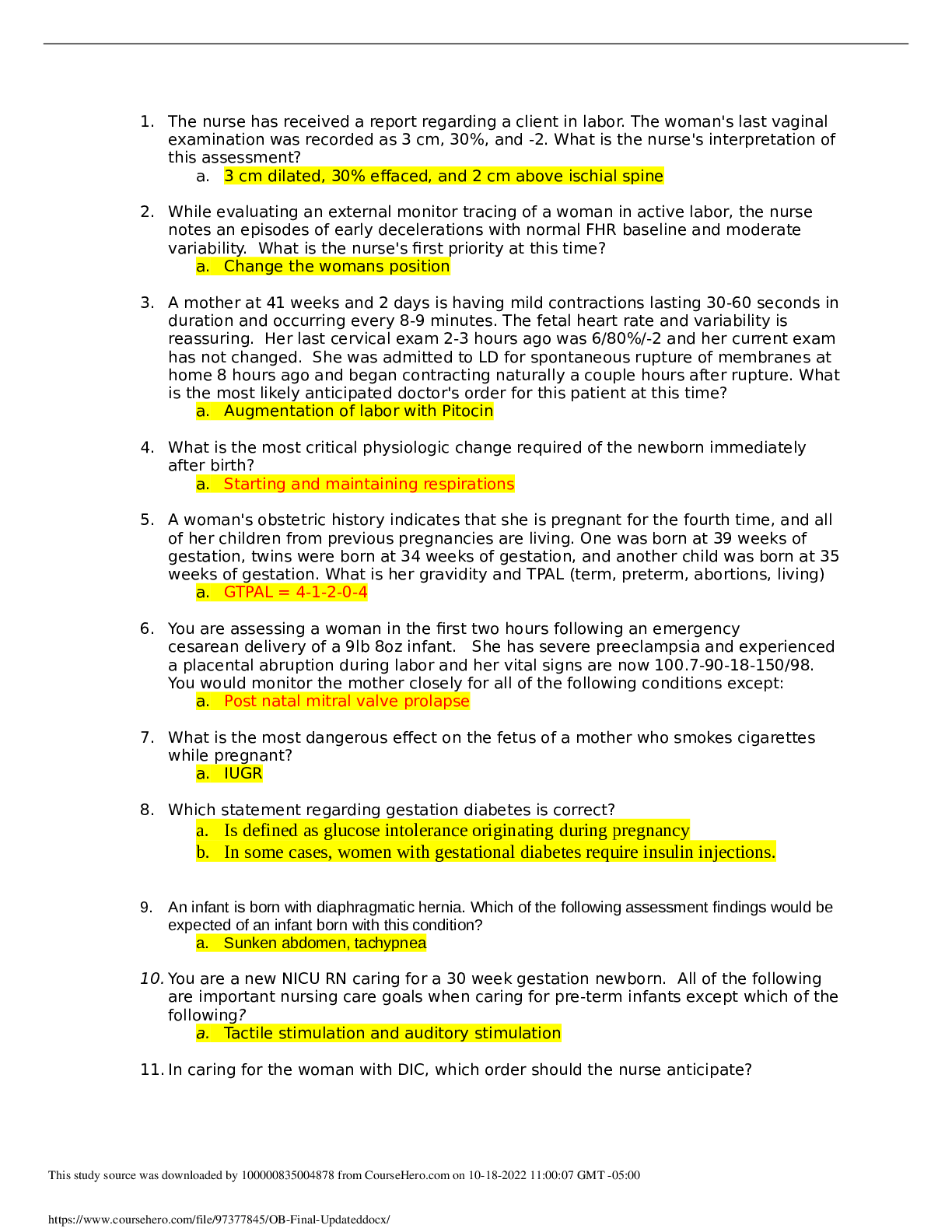 Preview of NUR 198 Peds  OB Final Exam Questions and Answers New Update 20222023