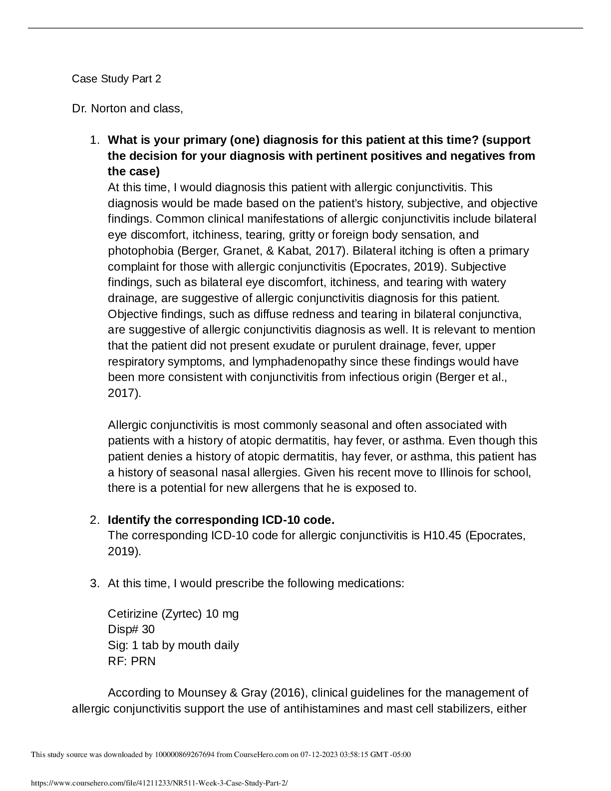 Preview image of NR511 Week 3 Case Study Part 2 document