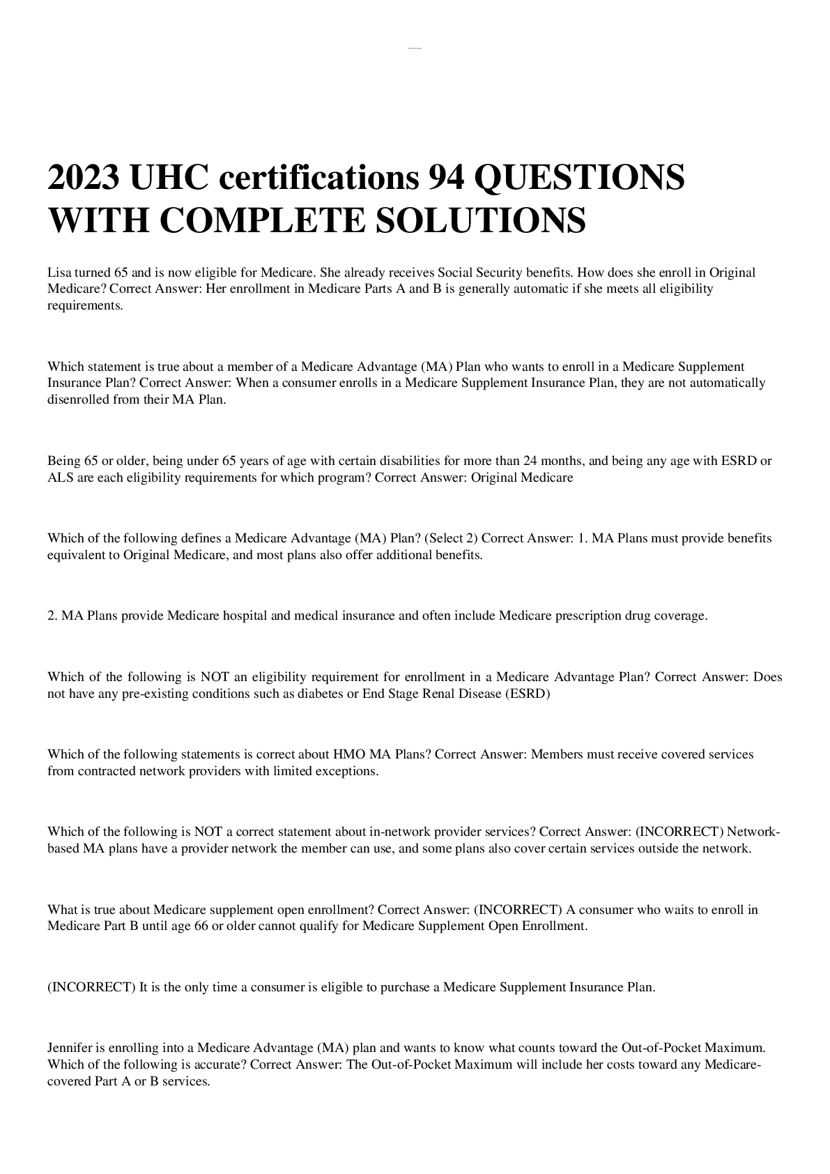 Preview image for 2023 UHC certifications 94 Questions WITH Complete Solutions