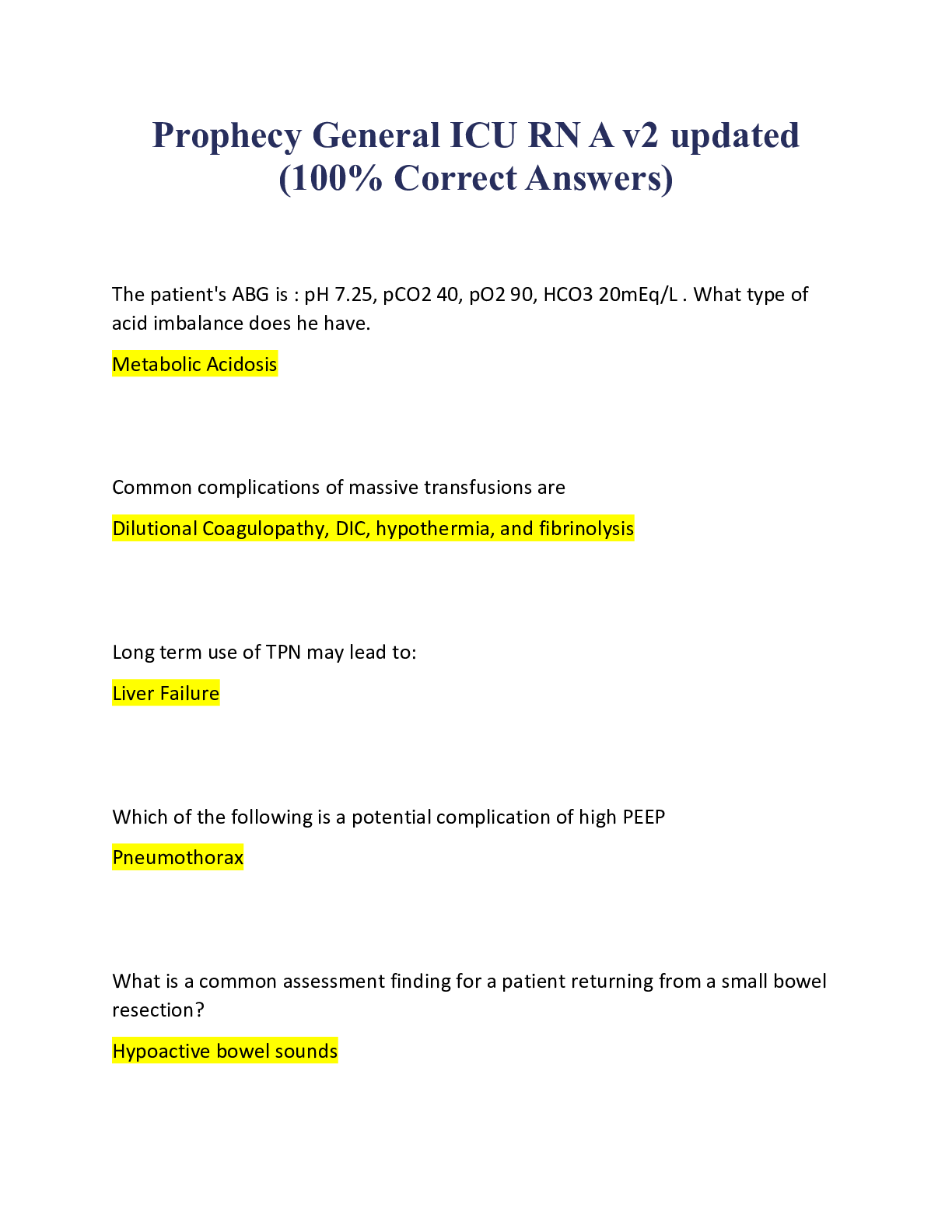 Preview of Prophecy General ICU RN A v2 updated (100% Correct Answers)