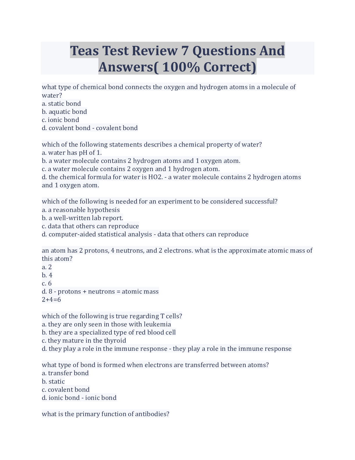Preview image for Teas Test Review 7 Questions And Answers( 100% Correct)