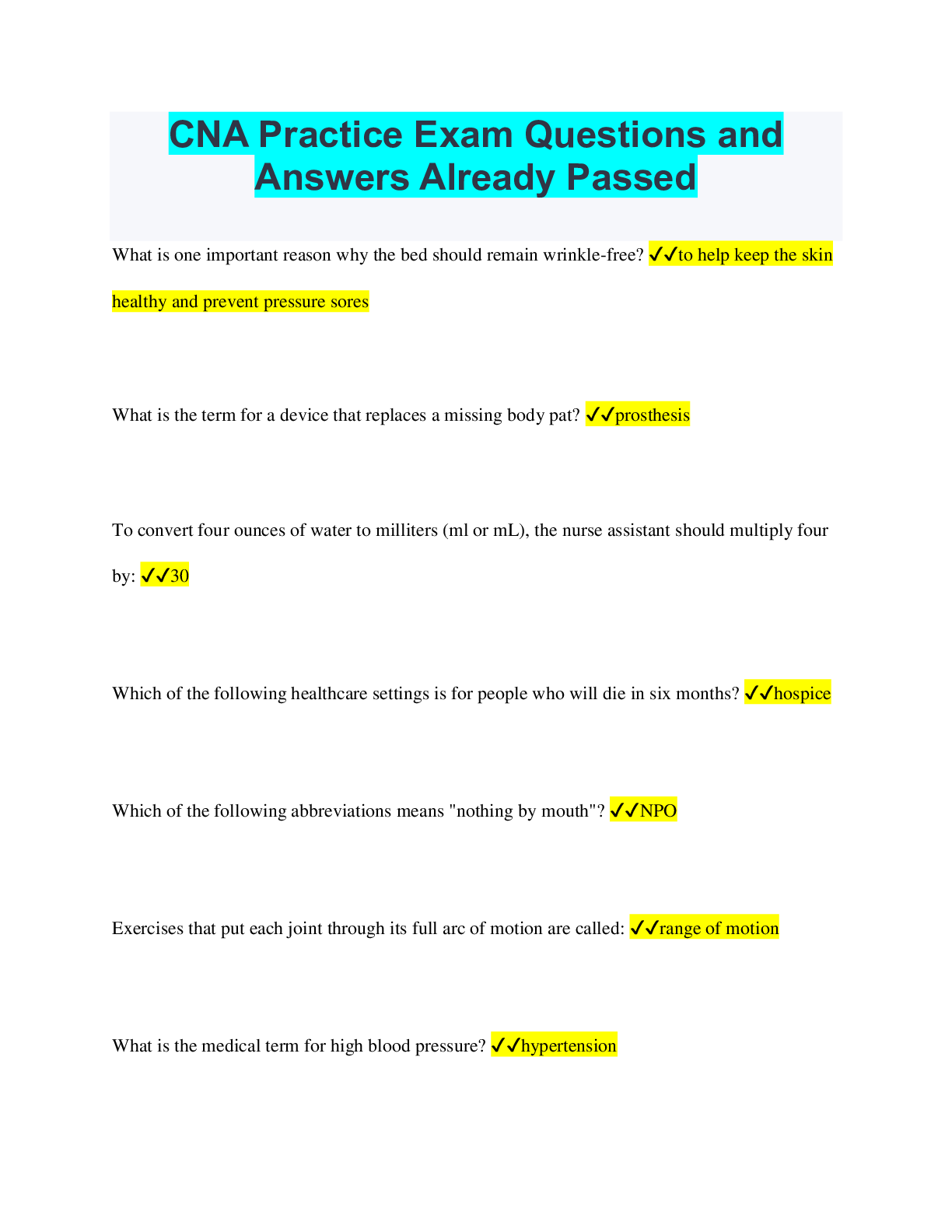 Preview image for CNA Practice Exam Questions and  Answers Already Passed