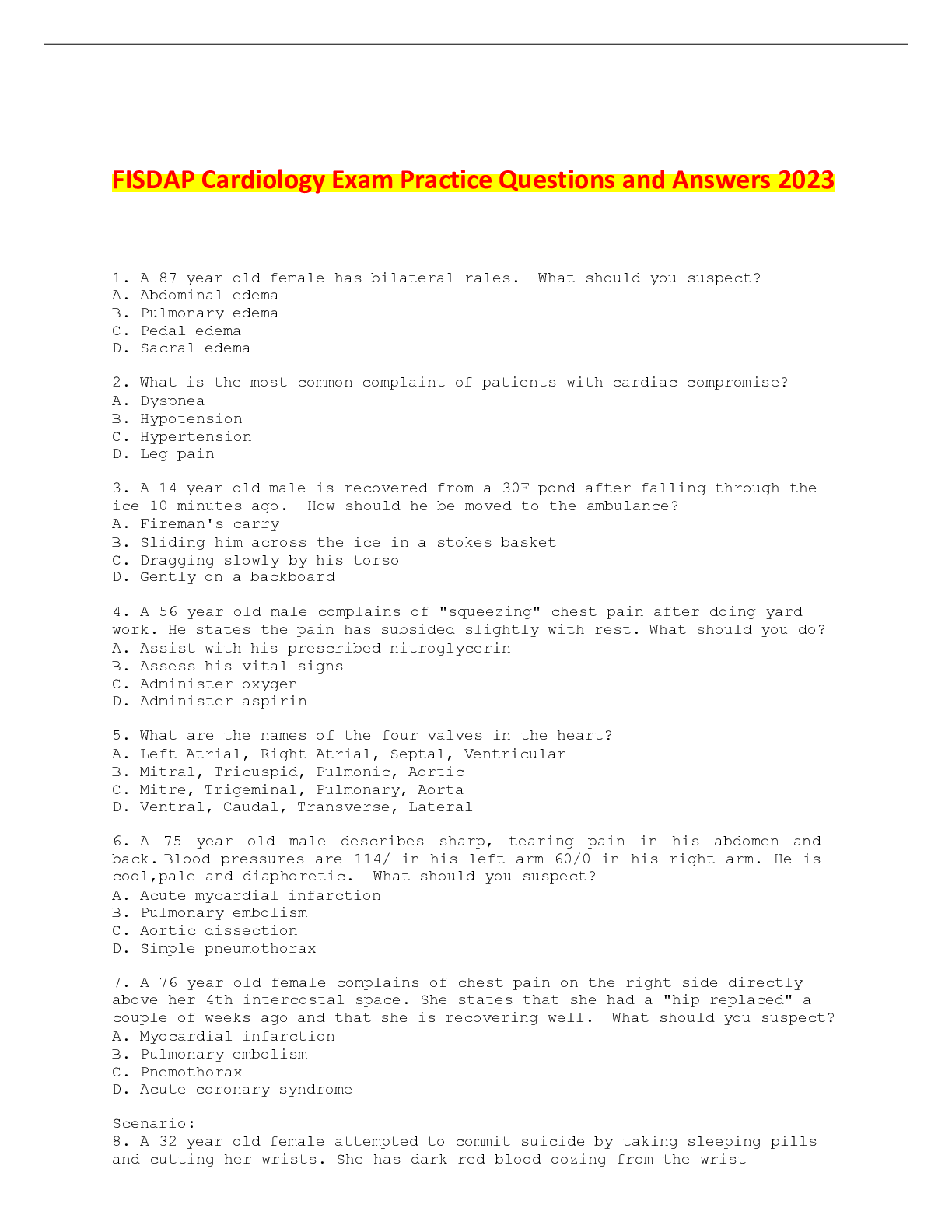 FISDAP Cardiology Exam Practice Questions and Answers 2023