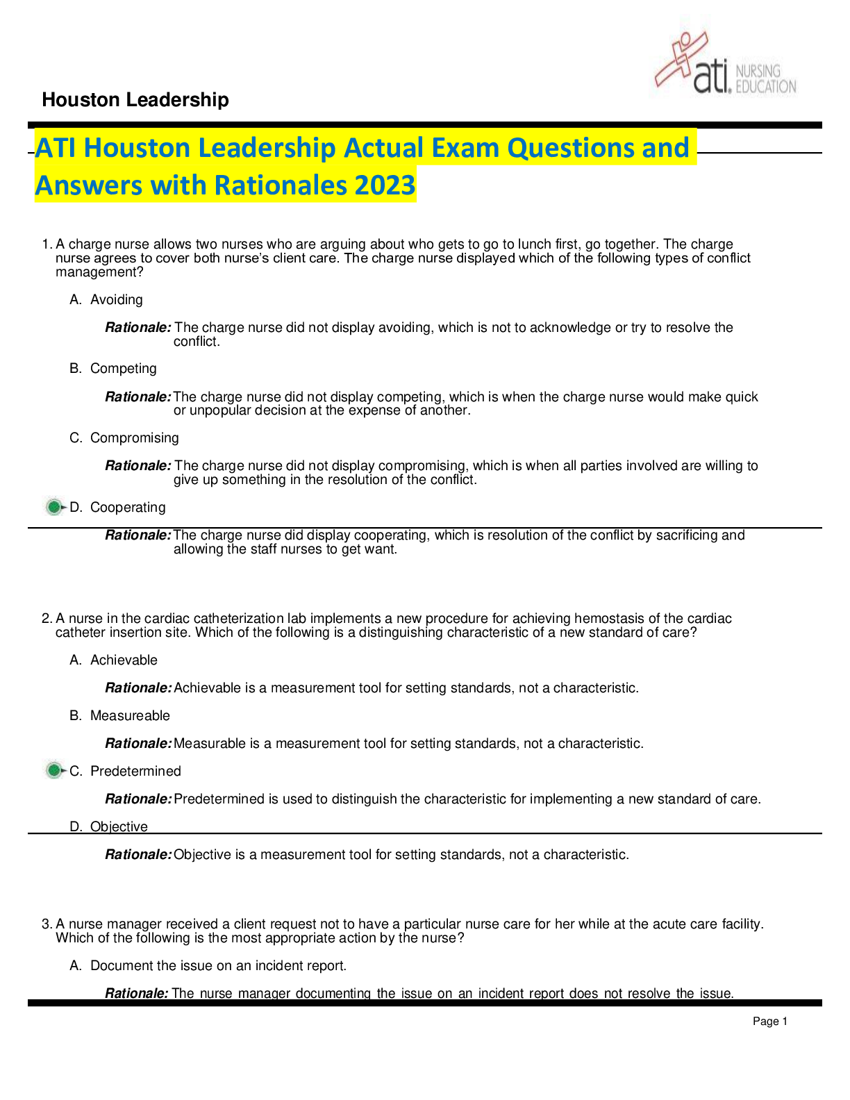 Preview image for ATI Houston Leadership Actual Exam Questions and Answers with Rationales 2023