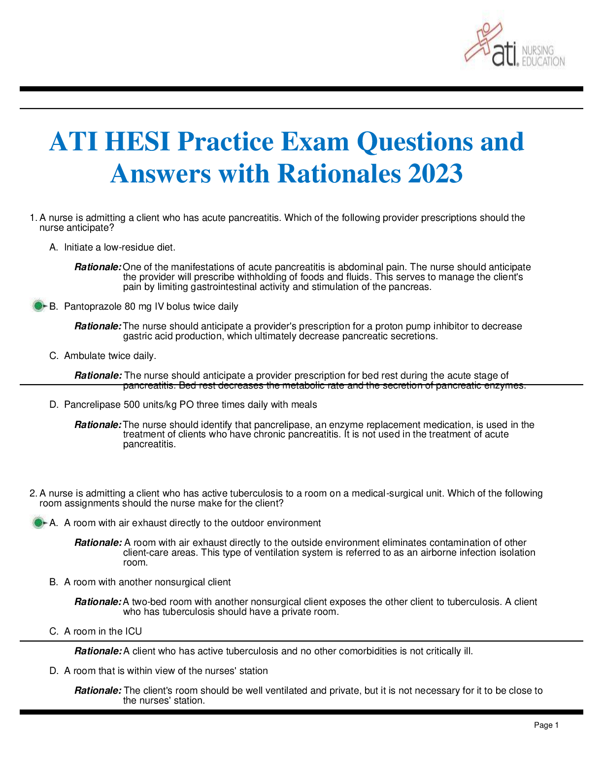 Preview of ATI HESI Practice Exam Questions and Answers with Rationales 2023