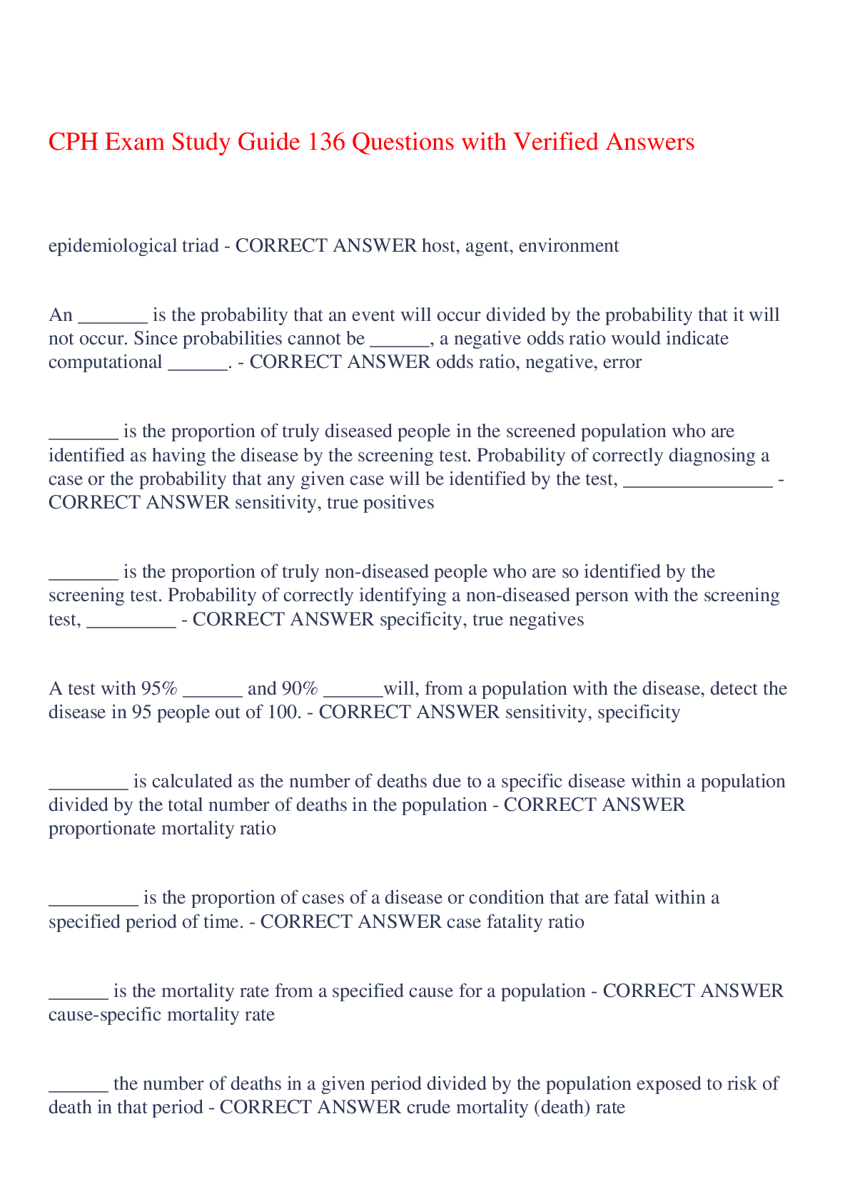 CPH Exam Study Guide 136 Questions with Verified Answers,100% CORRECT