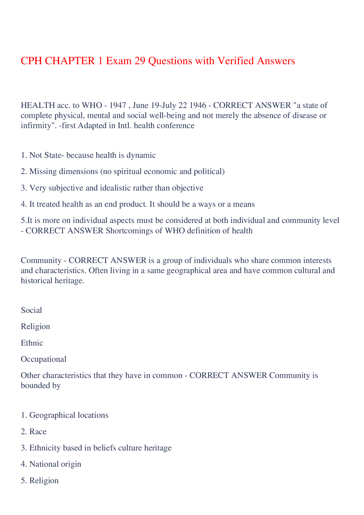Preview of CPH CHAPTER 1 Exam 29 Questions with Verified Answers,100% CORRECT