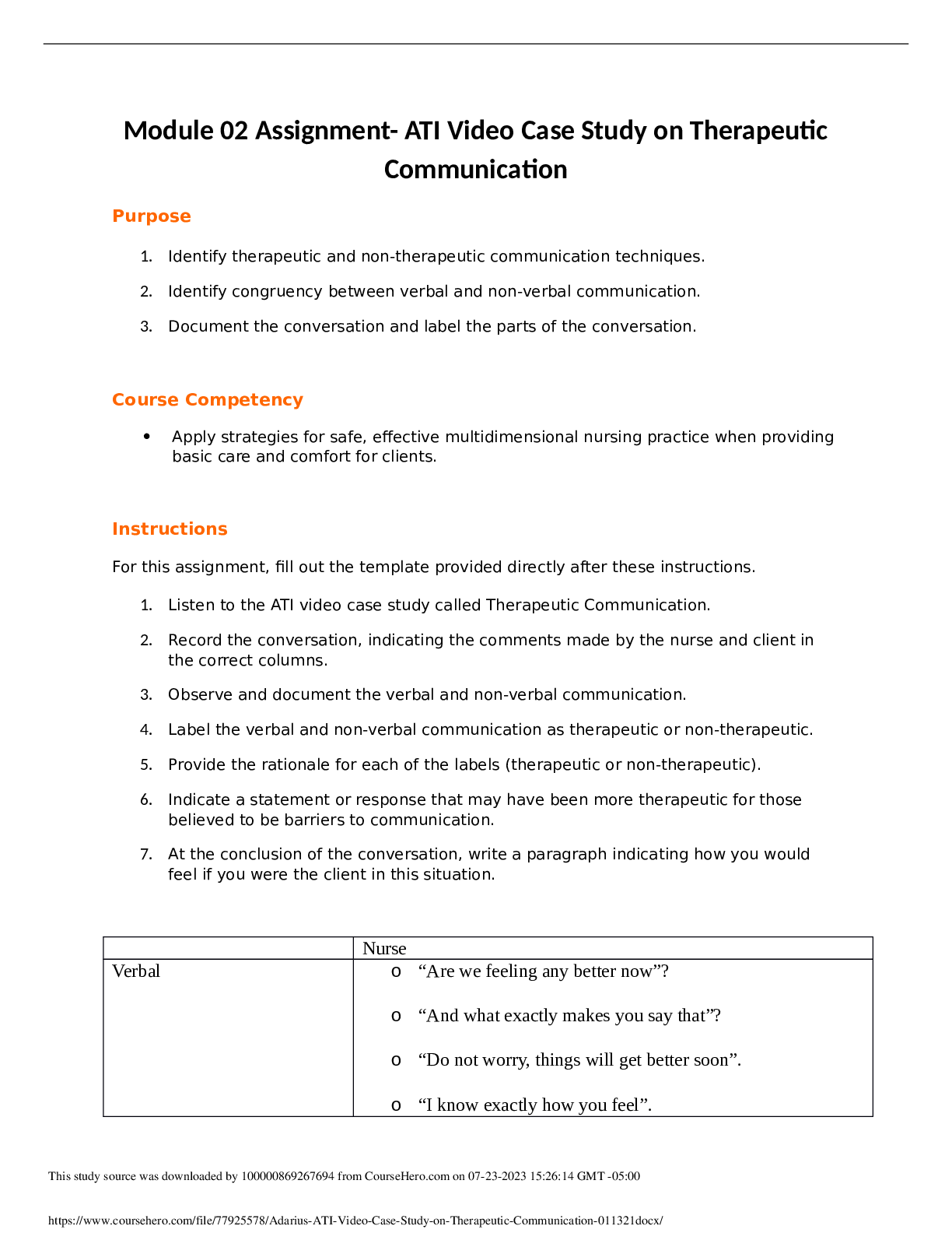 NUR 2356 Module 02 Assignment- ATI Video Case Study on TherapeuticCommunication