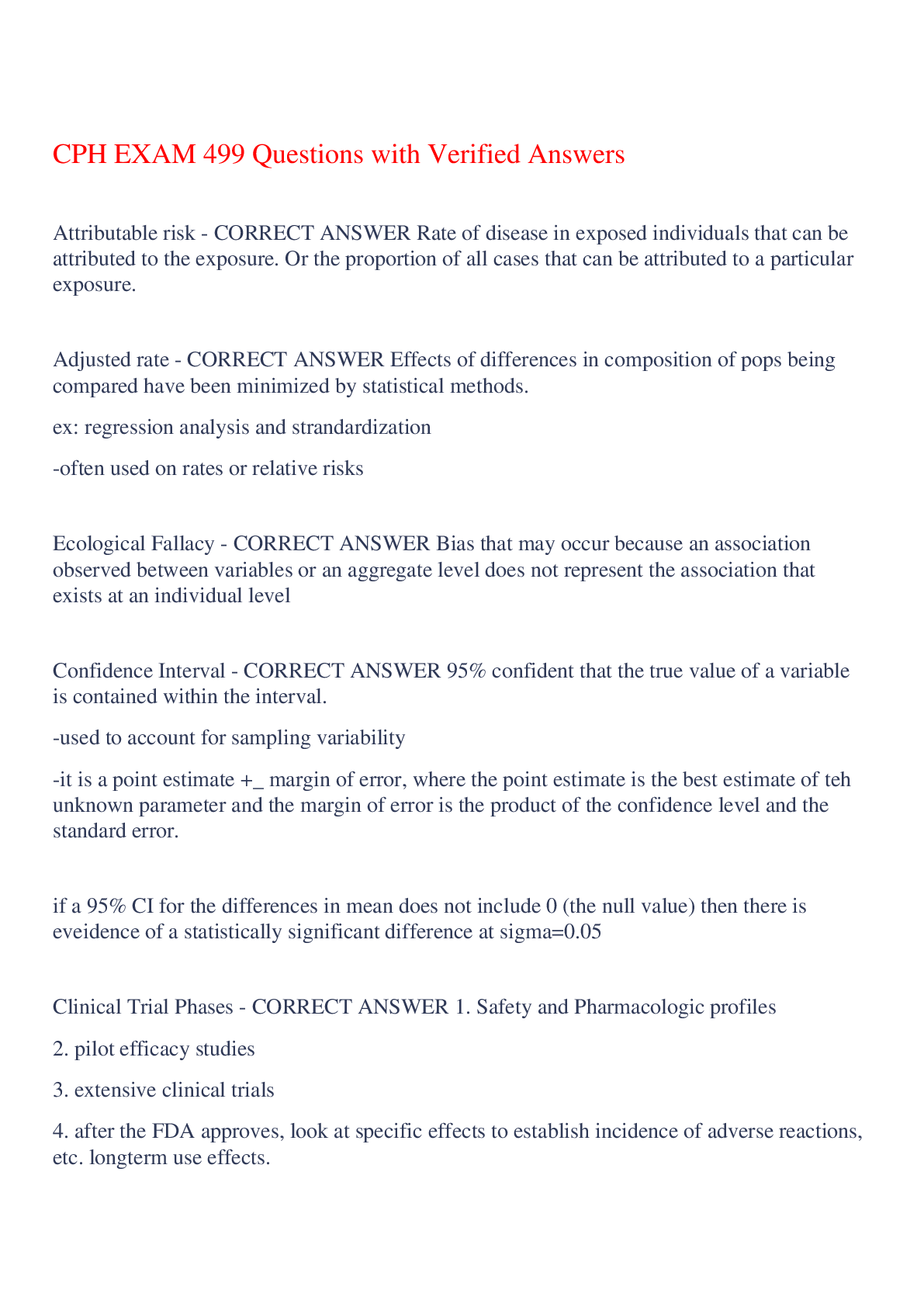 CPH EXAM 499 Questions with Verified Answers,100% CORRECT