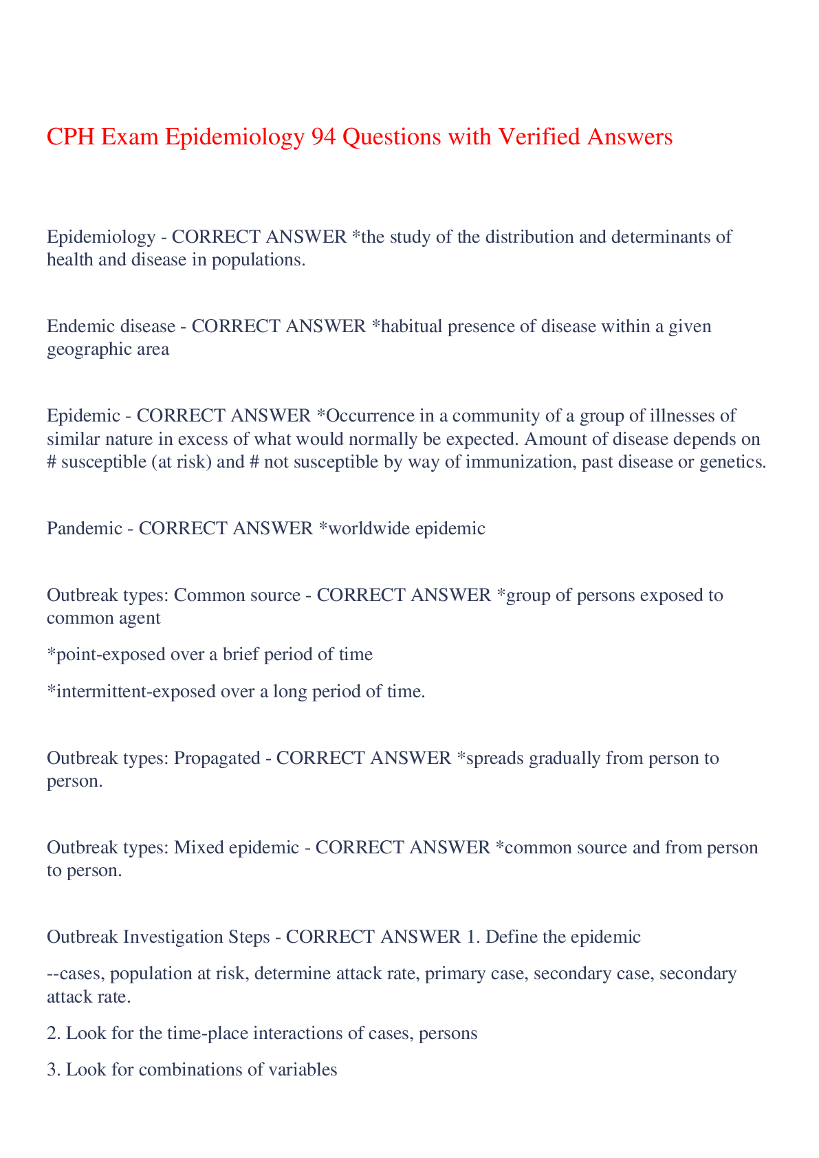 Preview image for CPH Exam Epidemiology 94 Questions with Verified Answers,100% CORRECT