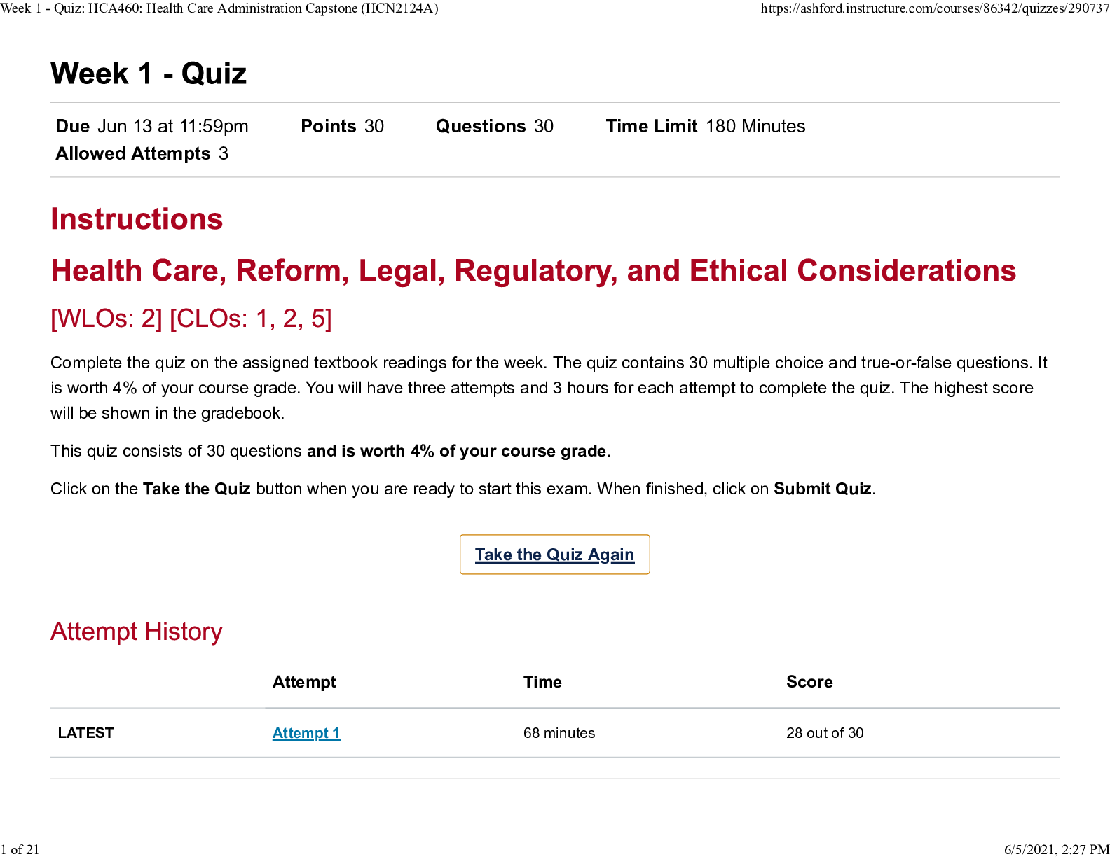 Preview of Week 1 2023 Quiz HCA460 Health Care Administration Capstone HCN2124A