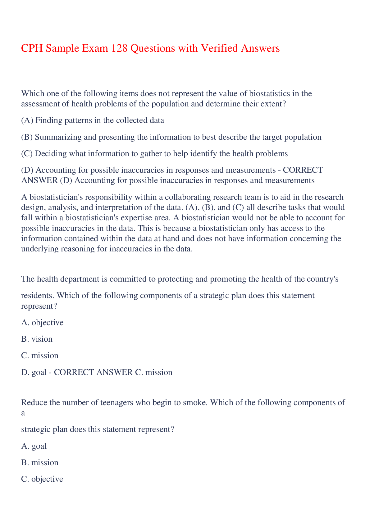 Preview of CPH Sample Exam 128 Questions with Verified Answers,100% CORRECT
