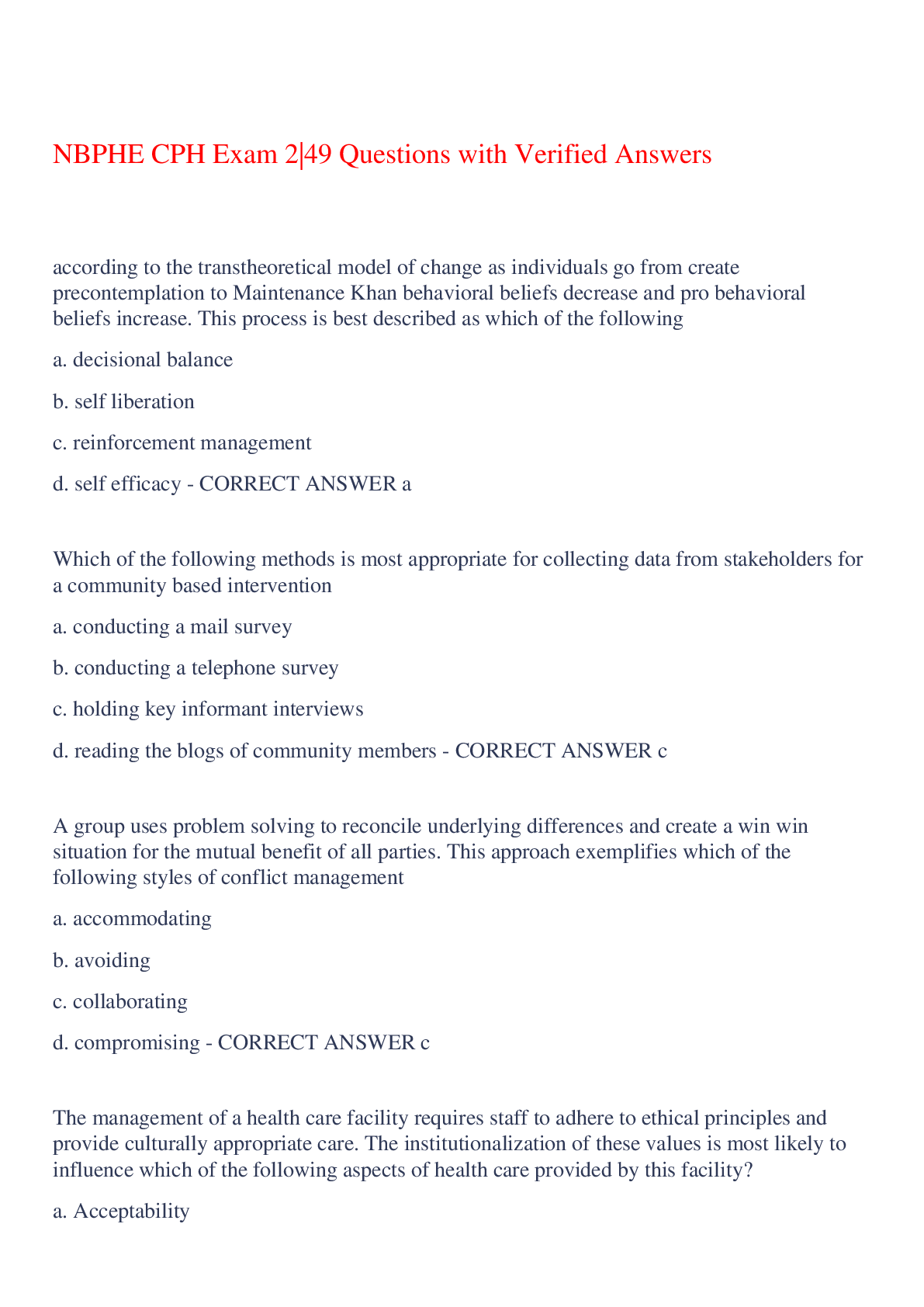 Preview of NBPHE CPH Exam 2|49 Questions with Verified Answers,100% CORRECT