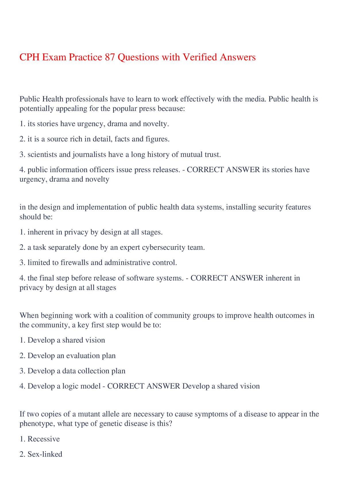 CPH Exam Practice 87 Questions with Verified Answers,100% CORRECT
