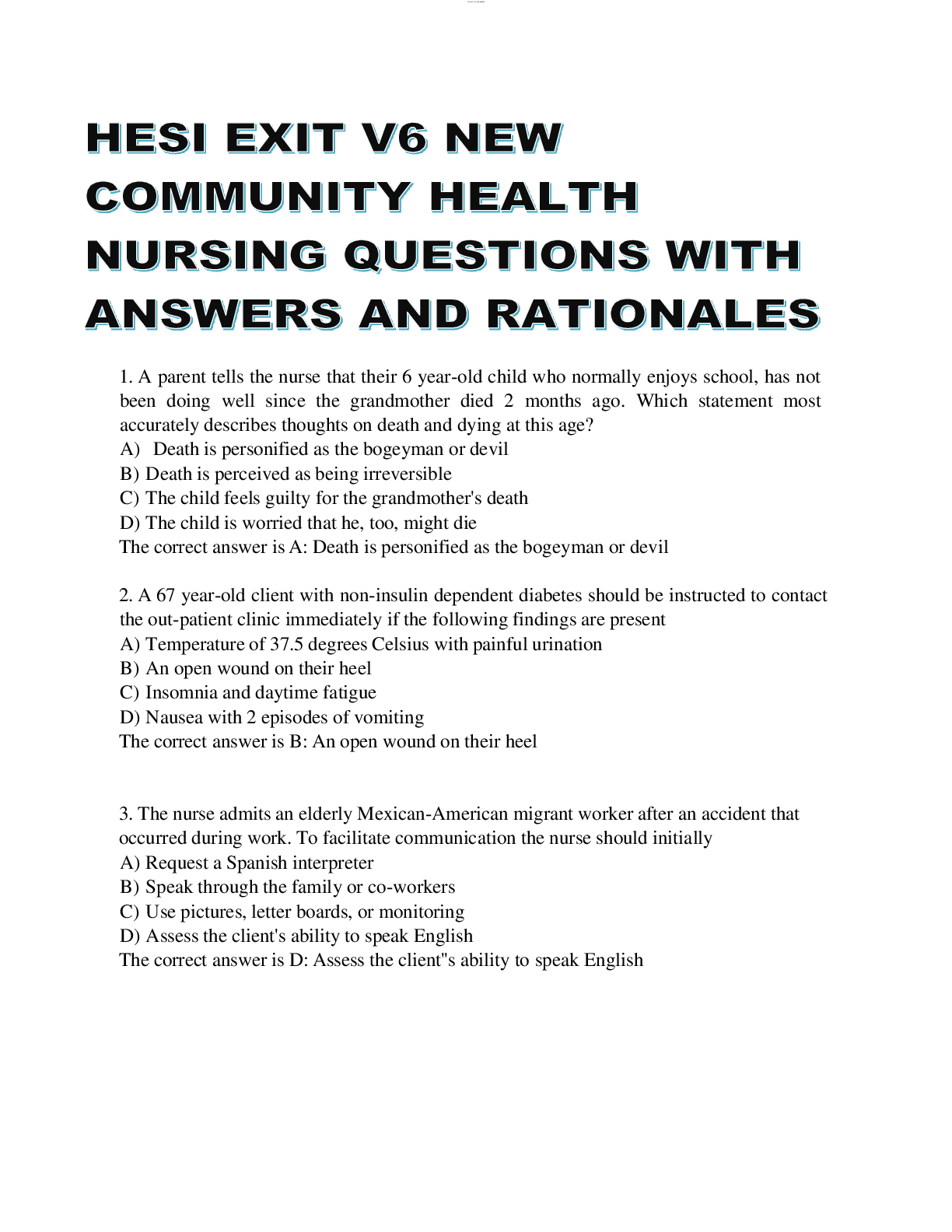 Preview of HESI EXIT V6 NEW COMMUNITY HEALTH NURSING QUESTIONS WITH ANSWERS AND RATIONALES