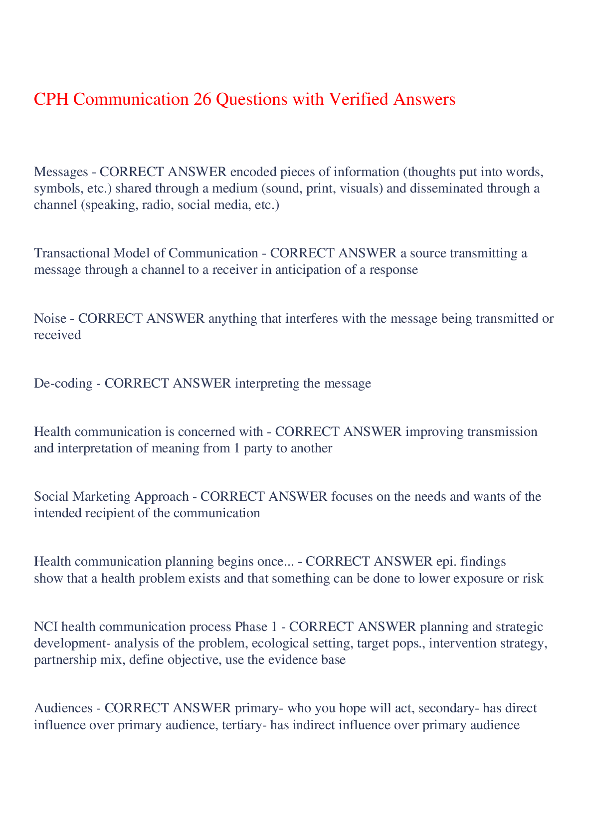 Preview image for CPH Communication 26 Questions with Verified Answers,100% CORRECT