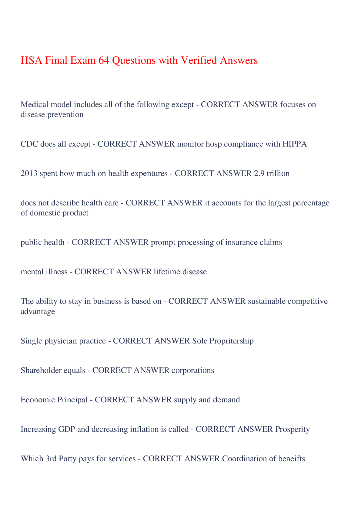 Preview image for HSA Final Exam 64 Questions with Verified Answers,100% CORRECT