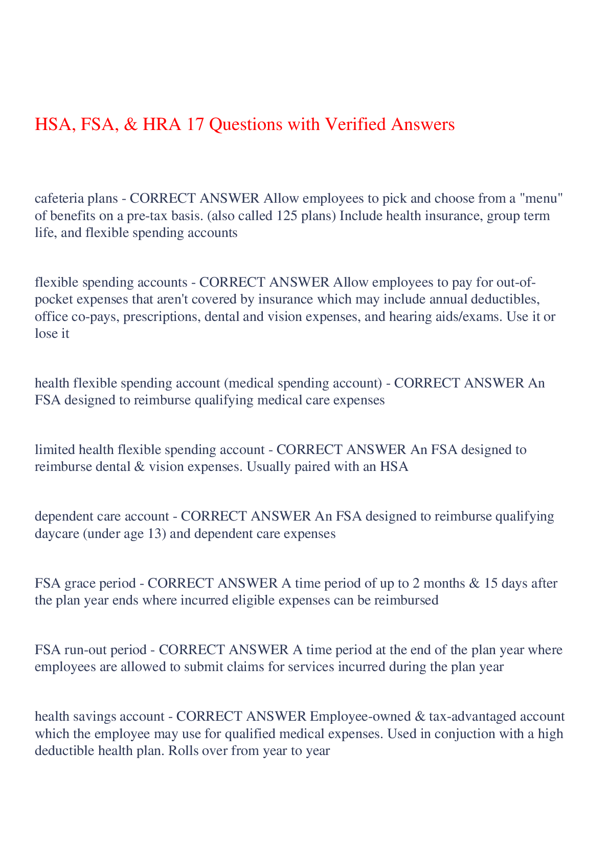 Preview of HSA, FSA, & HRA 17 Questions with Verified Answers,100% CORRECT