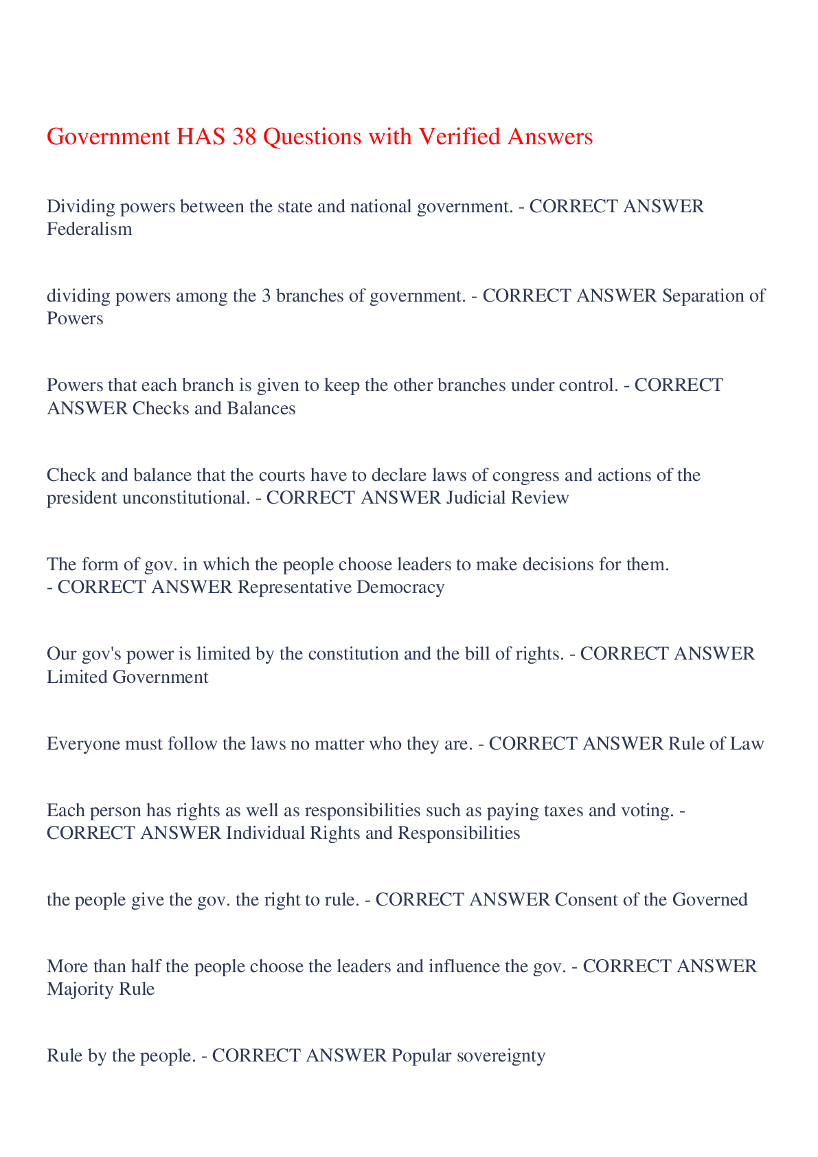 Preview image for Government HAS 38 Questions with Verified Answers,100% CORRECT